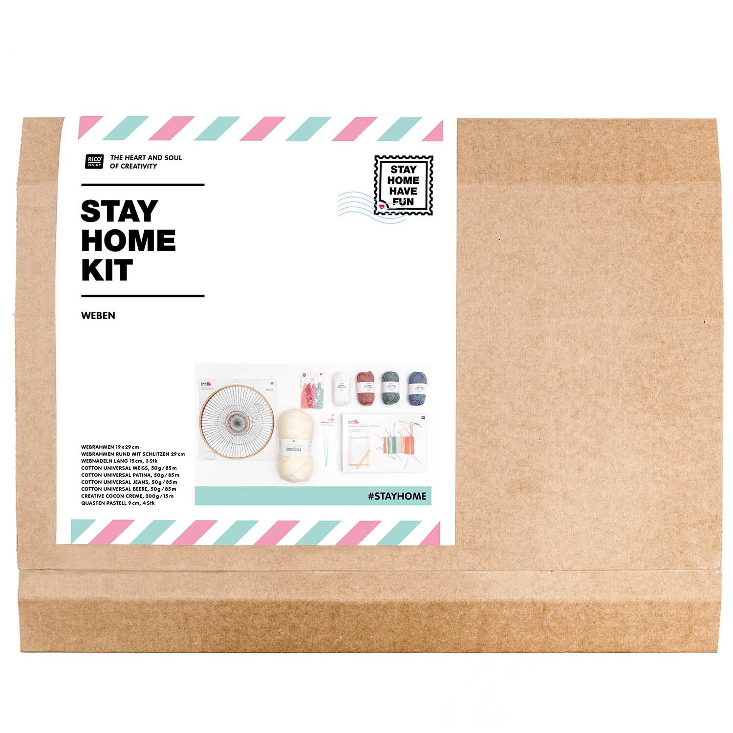DIY Set Weben von Rico Design in einer braunen Verpackung mit Webmaterialien und Anleitung.