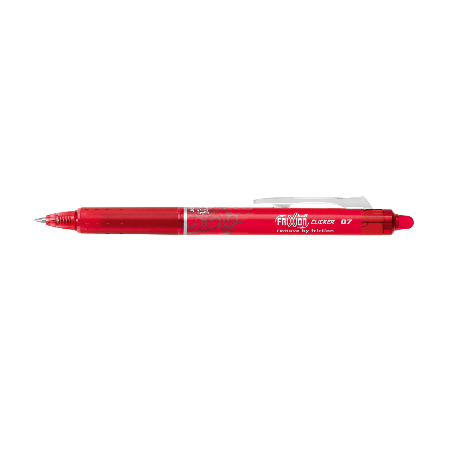FriXion Clicker 07, ein roter Stift von PILOT, mit Druckmechanismus und radierbarer Tinte. Ideal für präzises Schreiben.