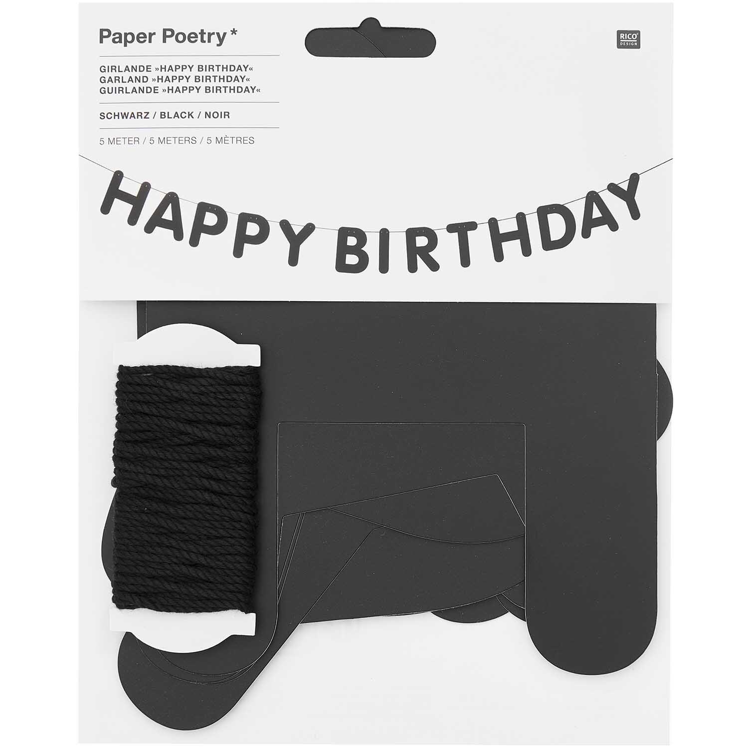 Paper Poetry Girlande Happy Birthday 5m: Schwarze Girlande von Rico Design mit Schriftzug "Happy Birthday" und passendem Band.
