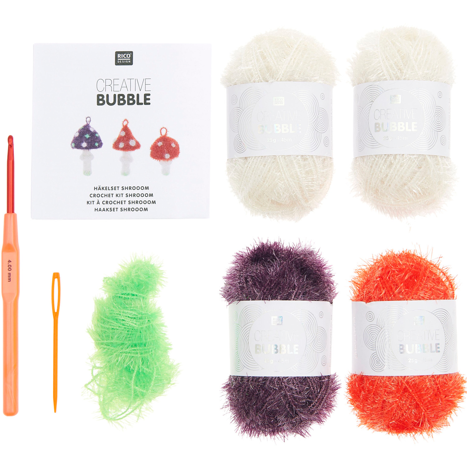 Häkelset Creative Bubble Shrooom mit buntem Garn, Häkelnadel und Zubehör von Rico Design.