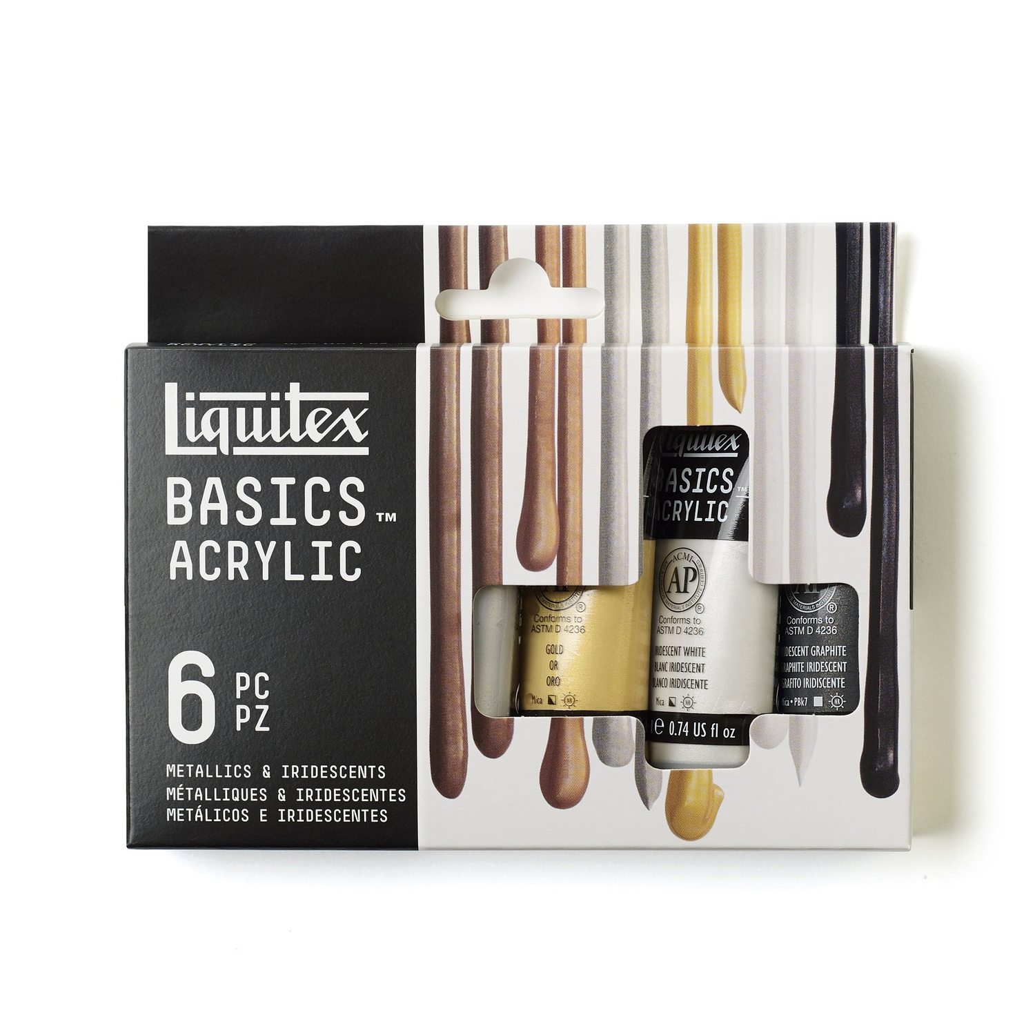 Basics Acrylfarben Set Metallic 6x22ml von Liquitex, zeigt eine Verpackung mit sechs metallischen Farbtönen. Ideal für kreative Projekte.