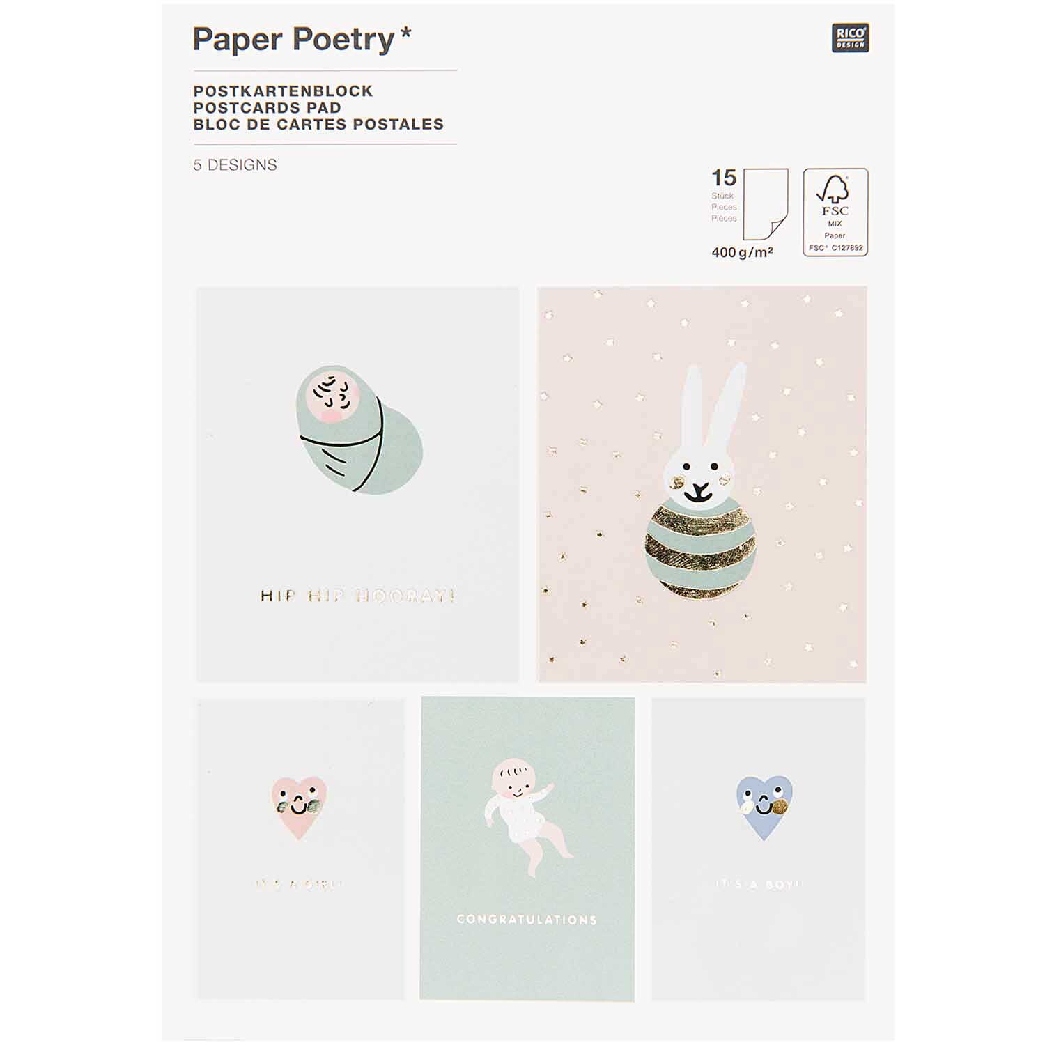 Paper Poetry Postkartenblock Hello Baby 15 Karten mit niedlichen Tiermotiven in sanften Pastelltönen. Ideal für Glückwünsche zur Geburt.