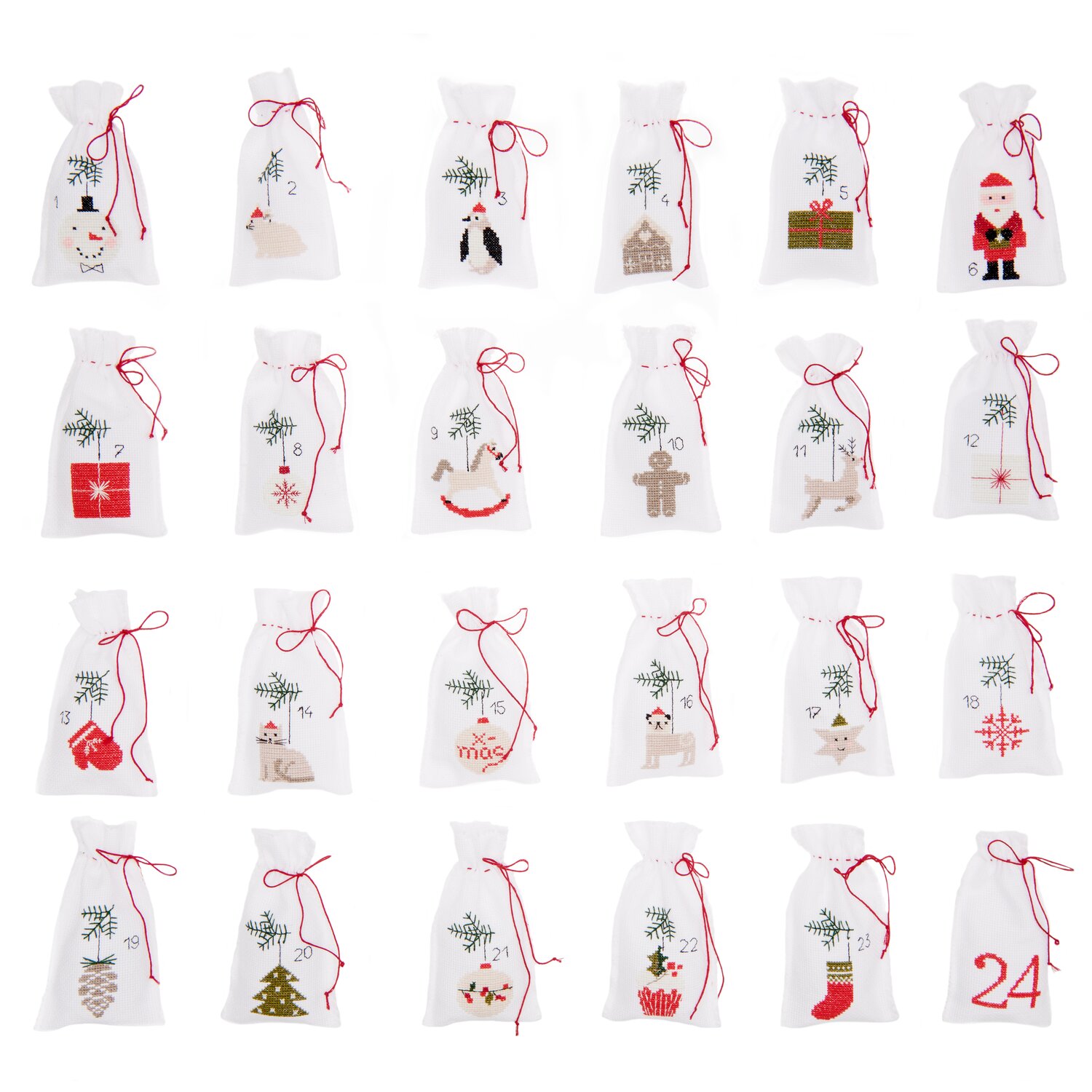Stickpackung Adventskalender von Rico Design mit 24 bestickbaren Stoffsäckchen und roten Bändern, ideal zum weihnachtlichen Befüllen und individuellen Gestalten