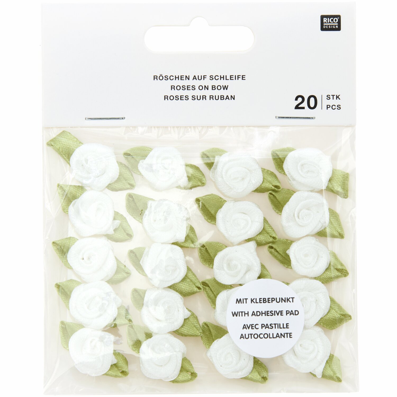 Röschen auf Schleife, 20 Stück, dekorative weiße Blüten mit Klebepunkt von Rico Design.