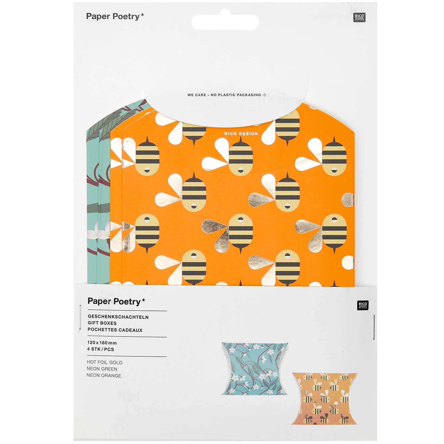 Paper Poetry Geschenkschachteln mit Bienen- und Blütenmuster, 12x18cm, 4 Stück, in leuchtendem Orange und Türkis. Ideal für kreative Geschenkverpackungen.