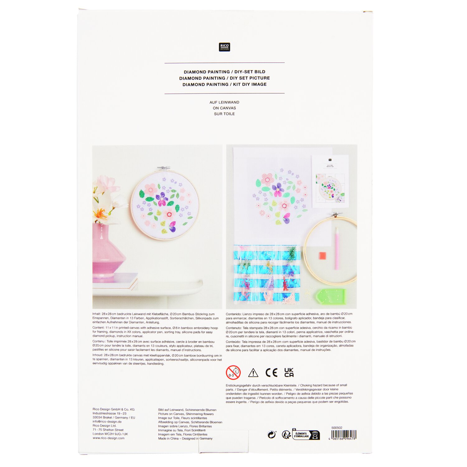 Diamond Painting DIY-Set Schimmernde Blumen 19-teilig zeigt ein kreatives Set mit bunten Blumenmotiven und Zubehör auf weißem Hintergrund.