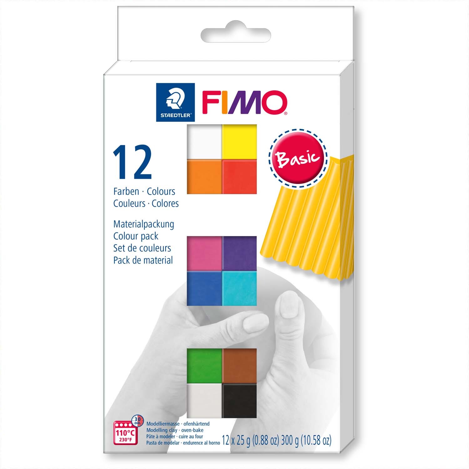 FIMO soft Basic 12 Halbblöcke je 25g, Mehrfarbig, Staedtler. Verpackung mit bunten Modelliermassen und Produktinformationen.