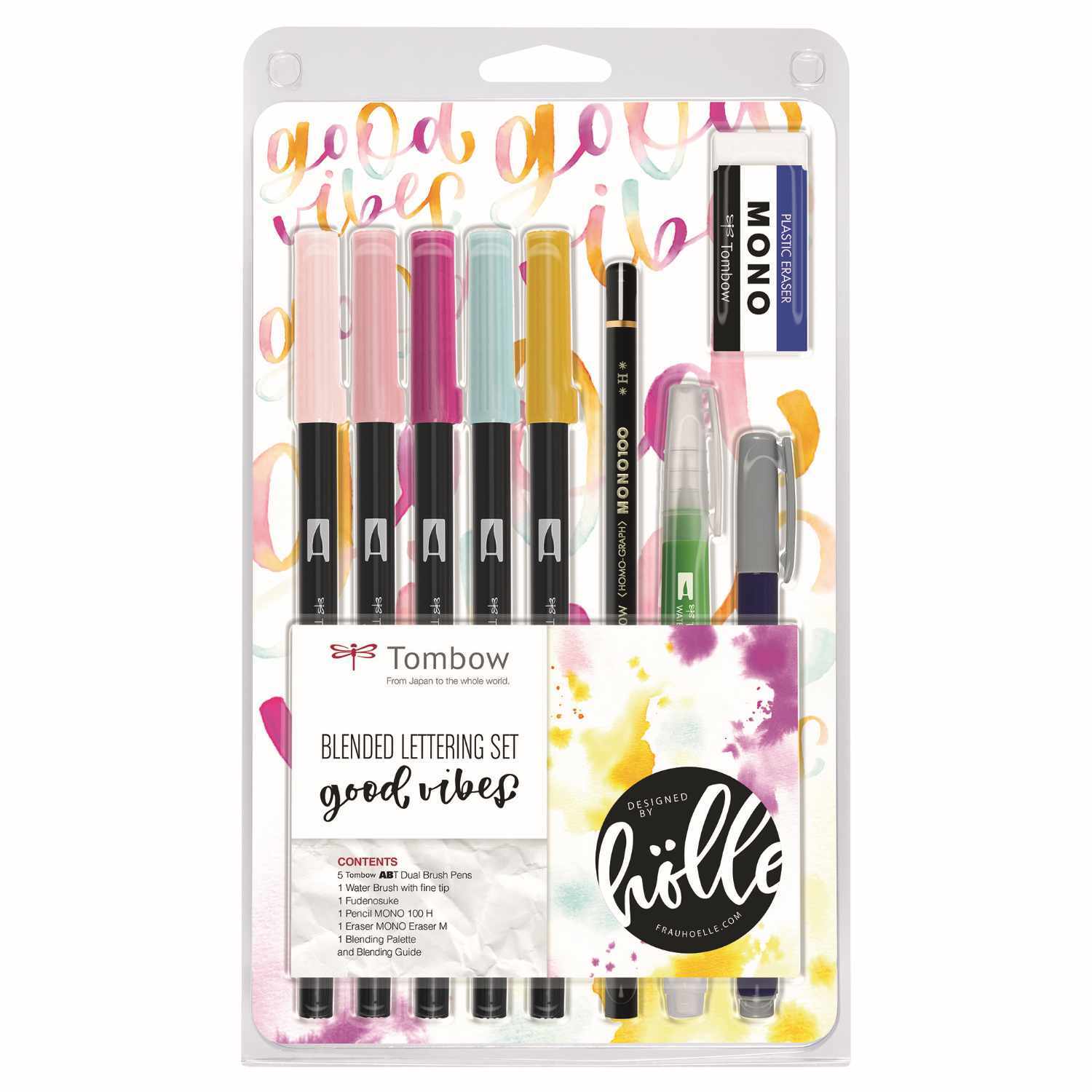Tombow Blended Lettering Set Good Vibes mit Mehrfarb-Stiften und Zubehör von Frau Hölle, ideal für kreative Schriftgestaltung.
