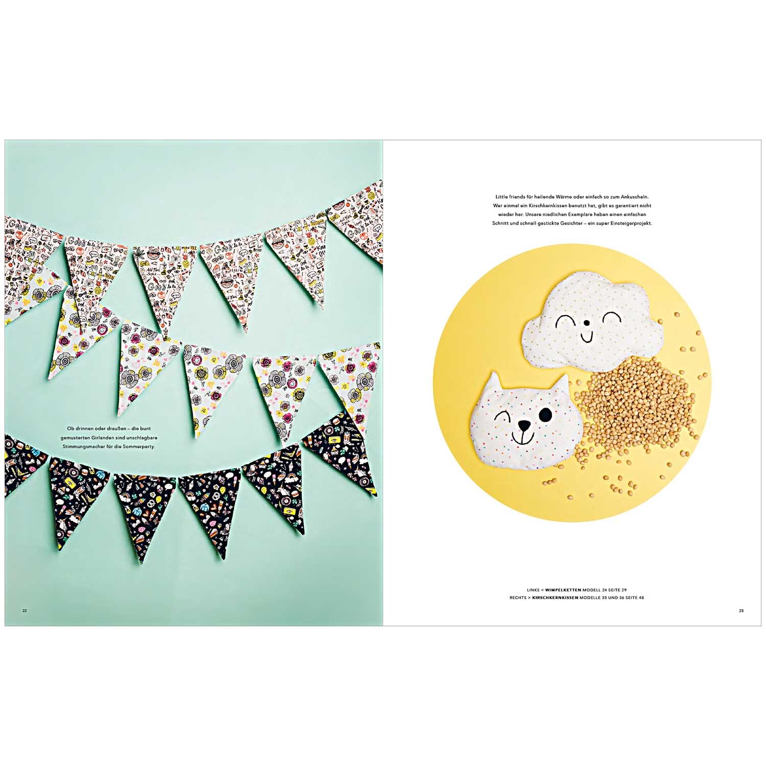 Das Kleine Rico Nähbuch Magical Summer zeigt bunte Wimpelketten und niedliche Tiermotive auf Stoff. Ideal für kreative Nähprojekte.