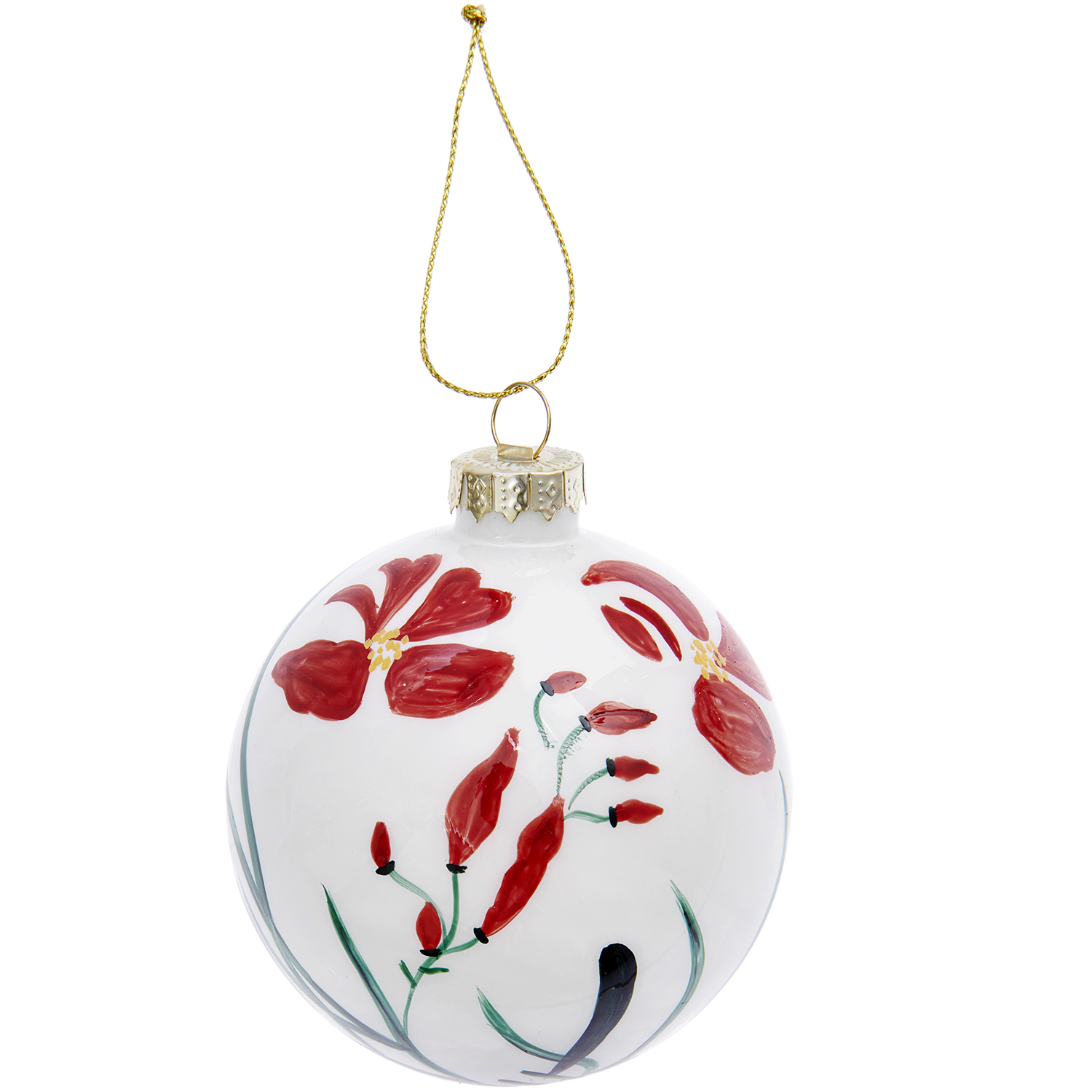 Glaskugel Blumen handbemalt weiß 8cm von Rico Design zeigt rote Blumenmotive auf weißem Hintergrund mit goldener Aufhängung.