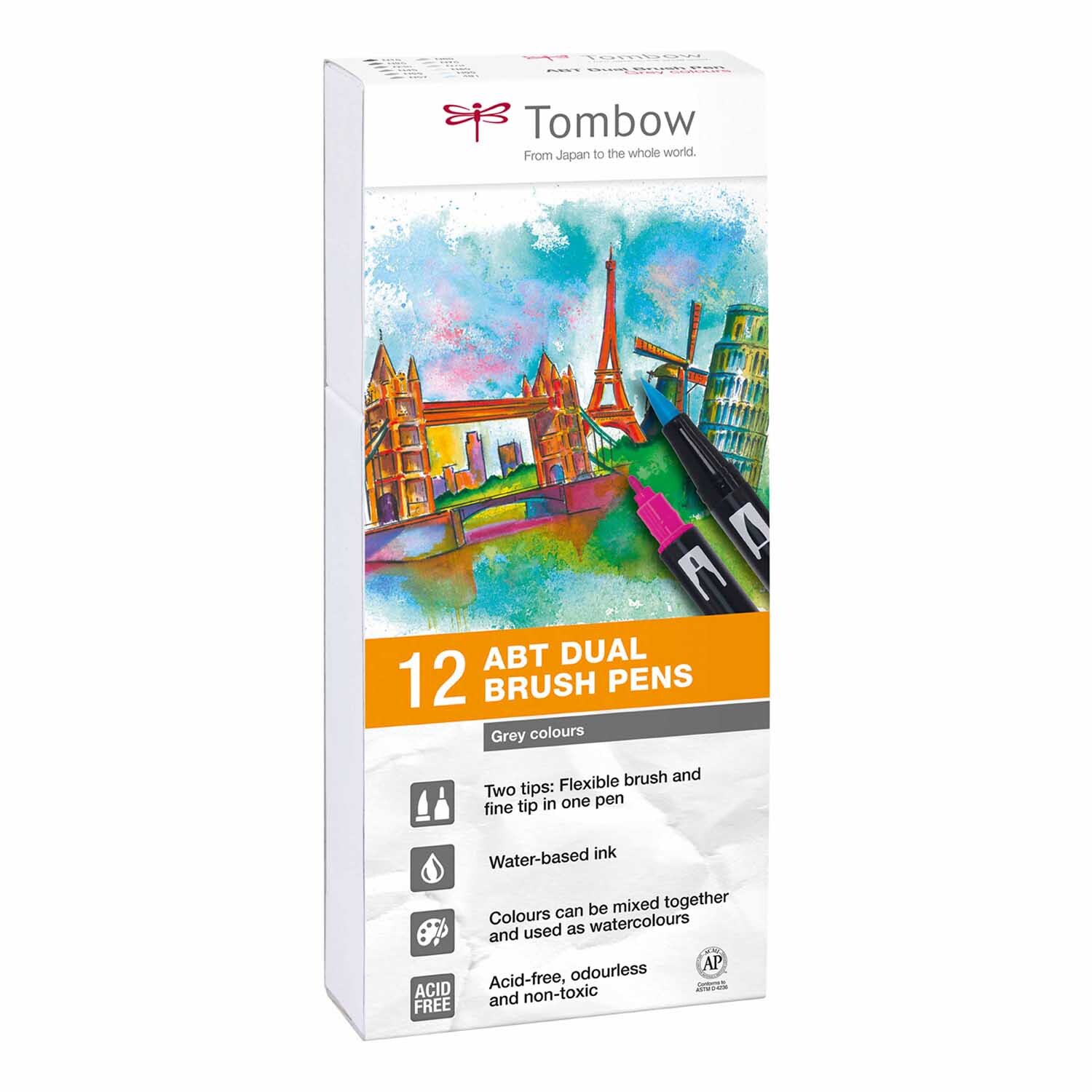 ABT Dual Brush Pen Grautöne 12er Set von Tombow, Verpackung mit bunter Stadtansicht und Stiften.