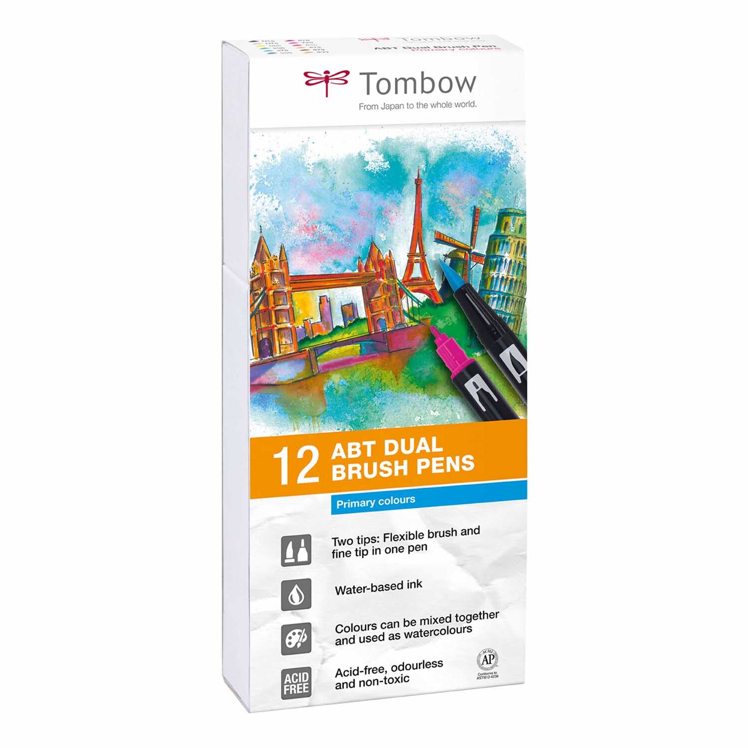 ABT Dual Brush Pen Primärfarben 12er Set von Tombow zeigt bunte Stifte vor einer Stadtlandschaft. Ideal für kreative Projekte.