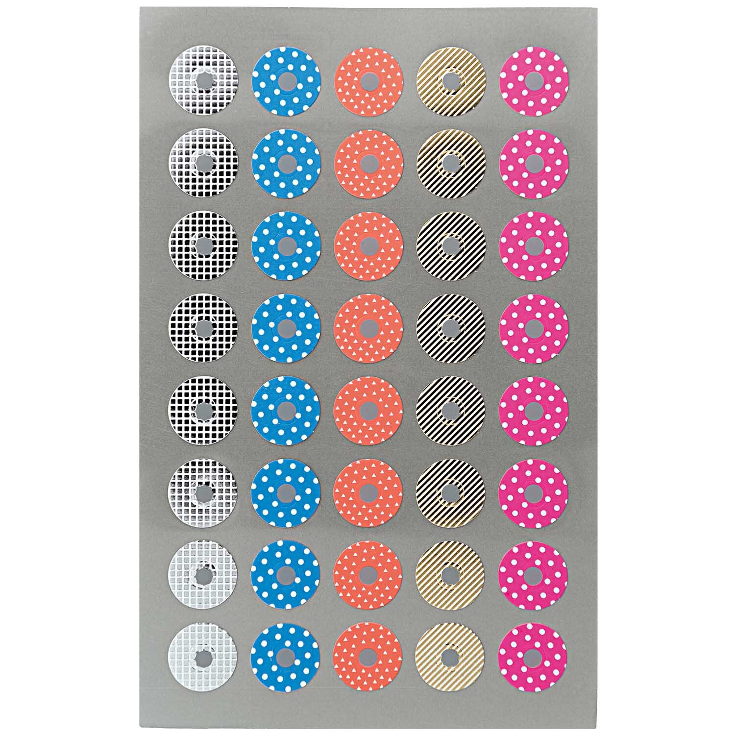 Paper Poetry Office Sticker Lochverstärker von Rico Design in bunten Farben auf grauem Hintergrund. Ideal für kreative Büroprojekte.