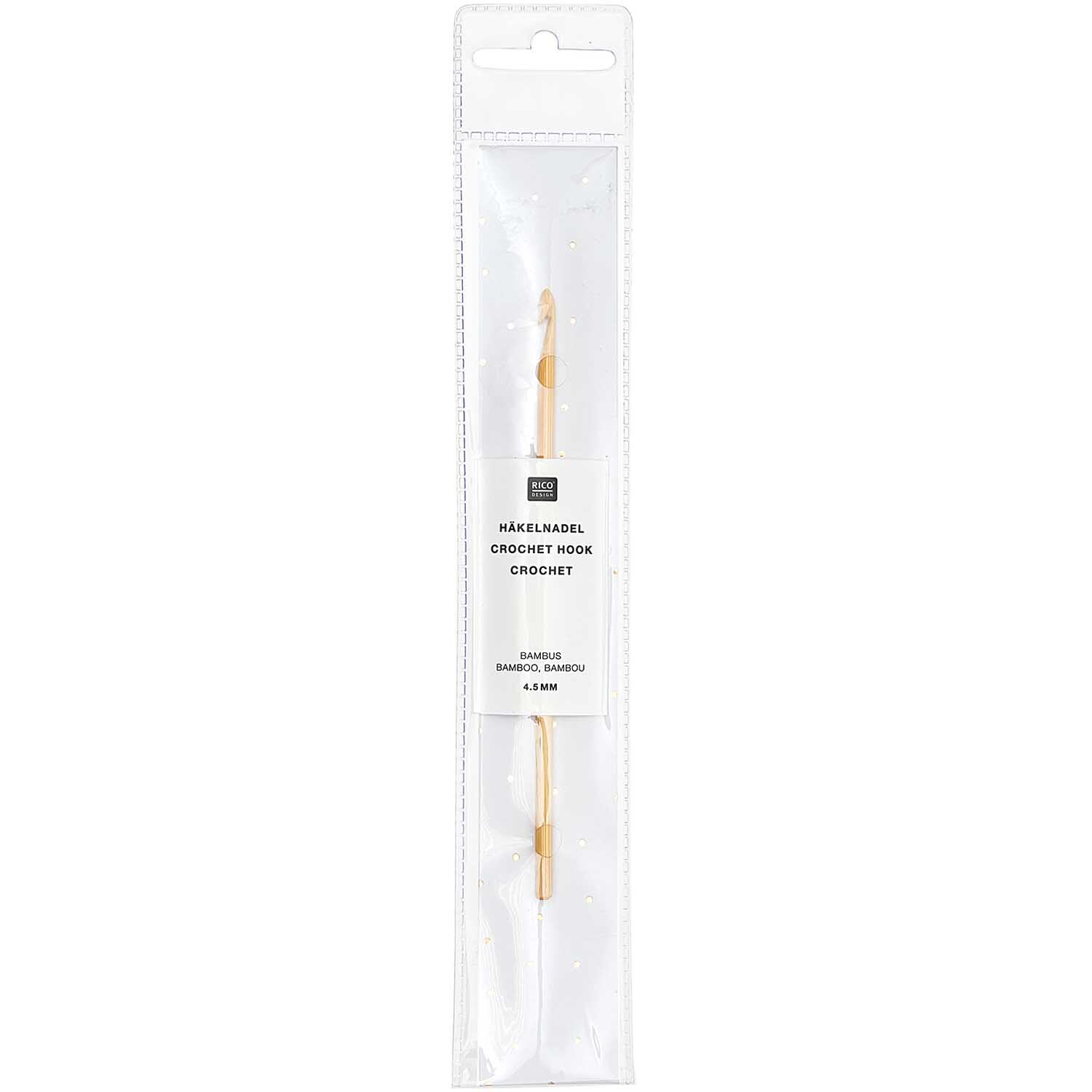 Häkelnadel Bambus von Rico Design in transparenter Verpackung, ideal für Handarbeitsprojekte.