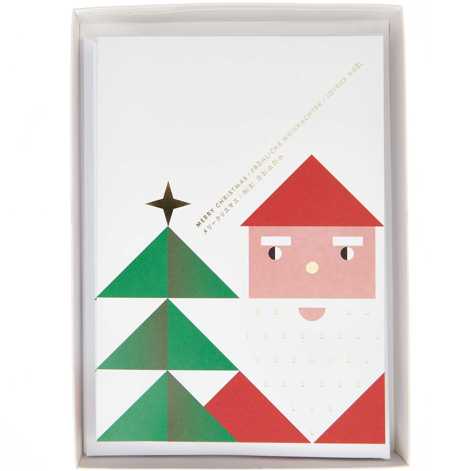Paper Poetry Kartenset mit Weihnachtsmann-Design, 16-teilig, zeigt stilisierten Weihnachtsmann und Tannenbaum in Rot, Grün und Weiß.