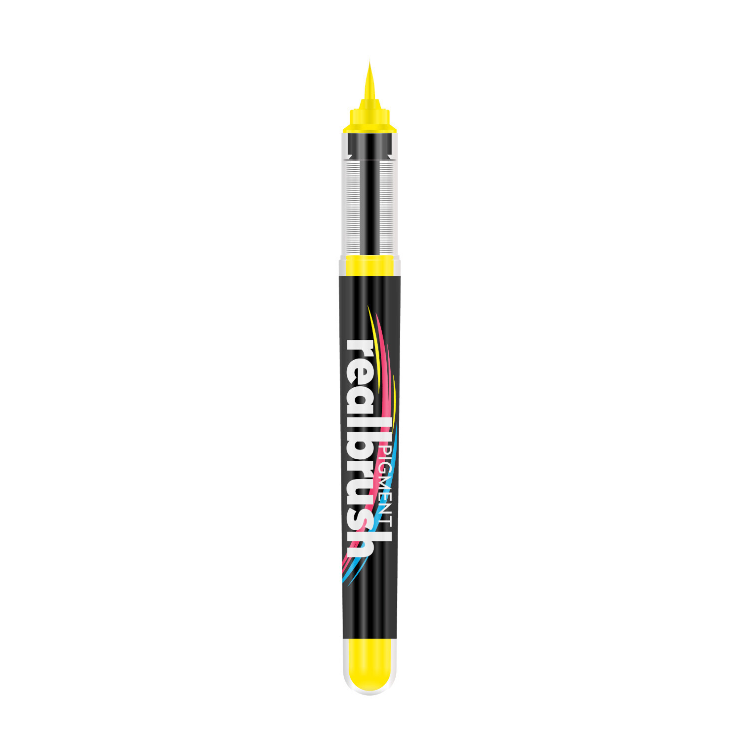 Realbrush Pigment Marker in leuchtendem Gelb, mit feiner Spitze, ideal für präzises Zeichnen.