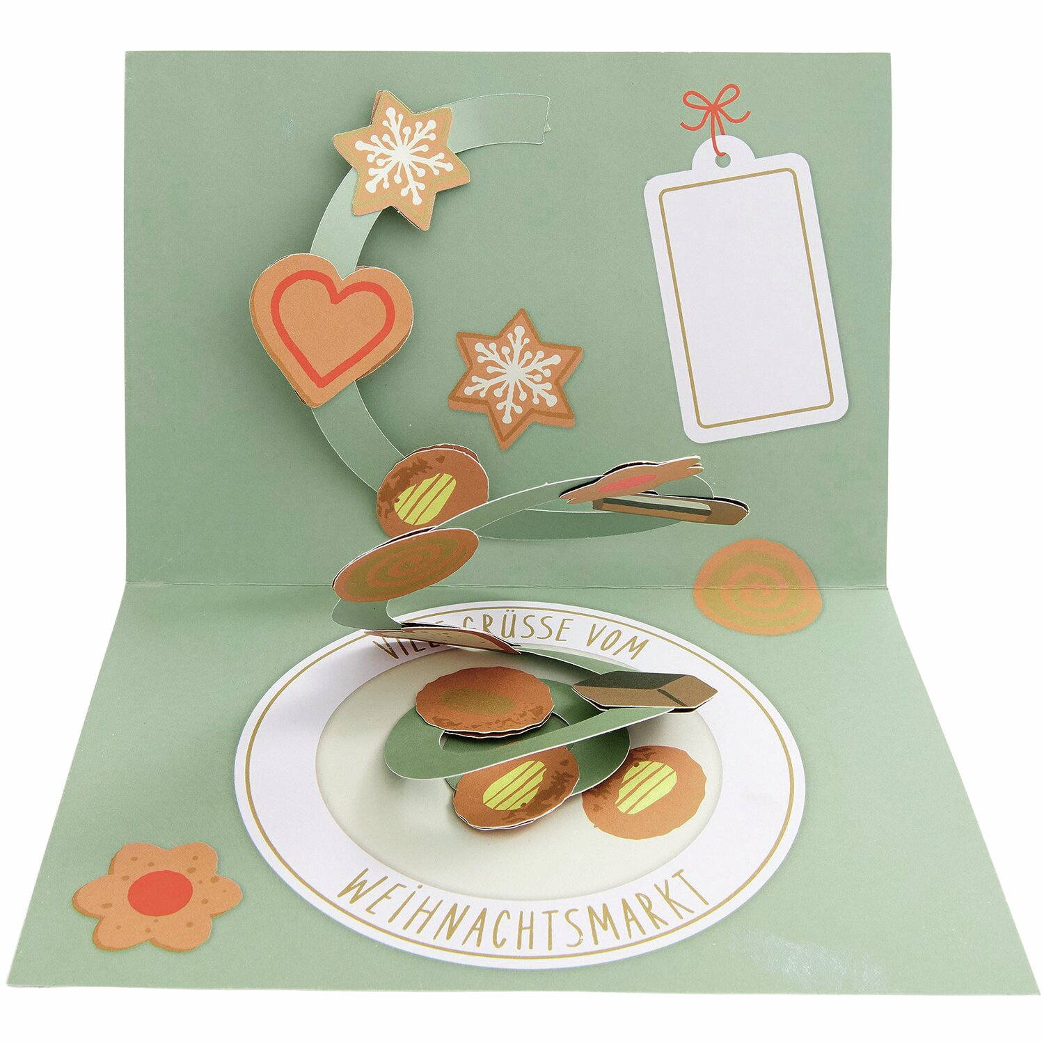 Pop-Up Karte Grüße vom Weihnachtsmarkt: Grüne A5-Karte mit weihnachtlichen Motiven und 3D-Elementen. Ideal für festliche Grüße.