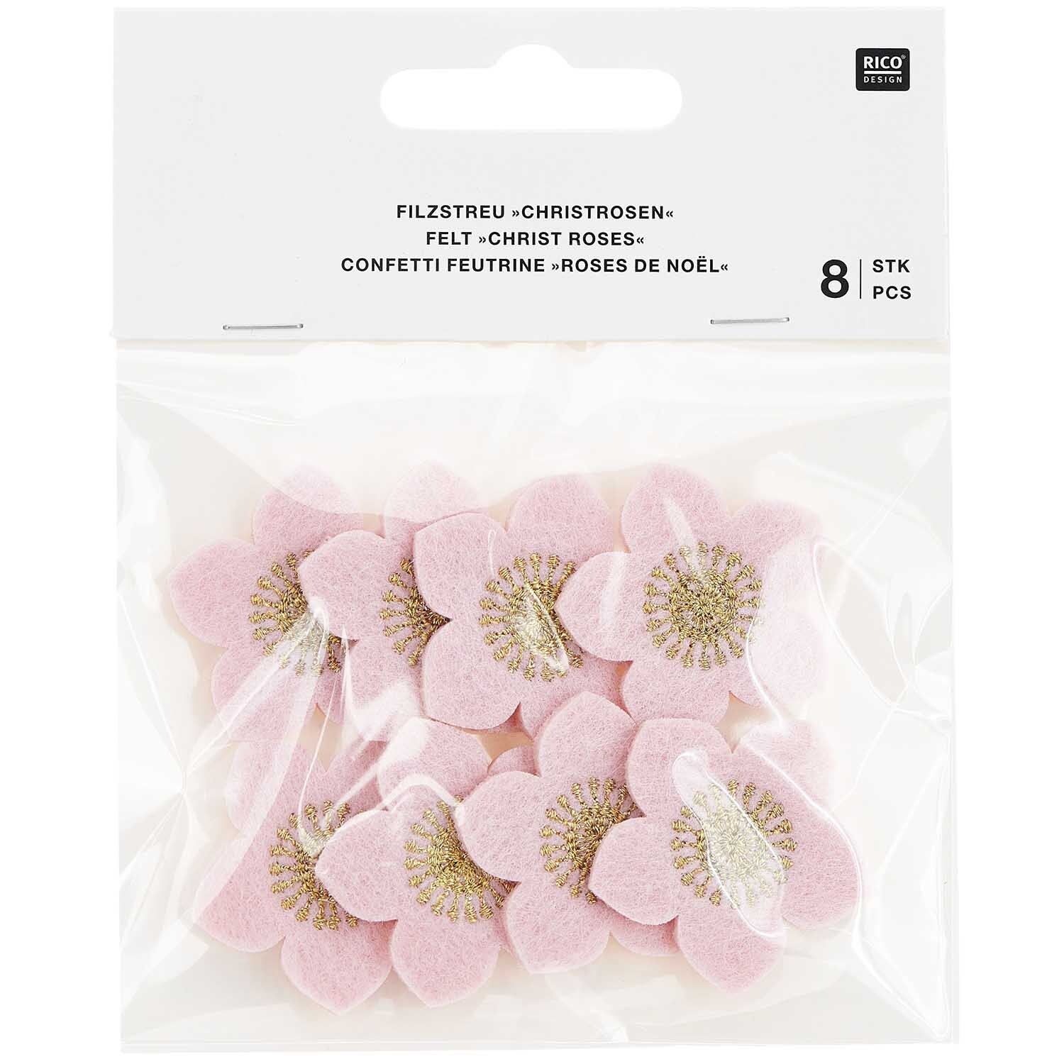 Filzstreu Christrosen, bestickt, in Pink-Gold, 8 Stück von Rico Design, in transparenter Verpackung.