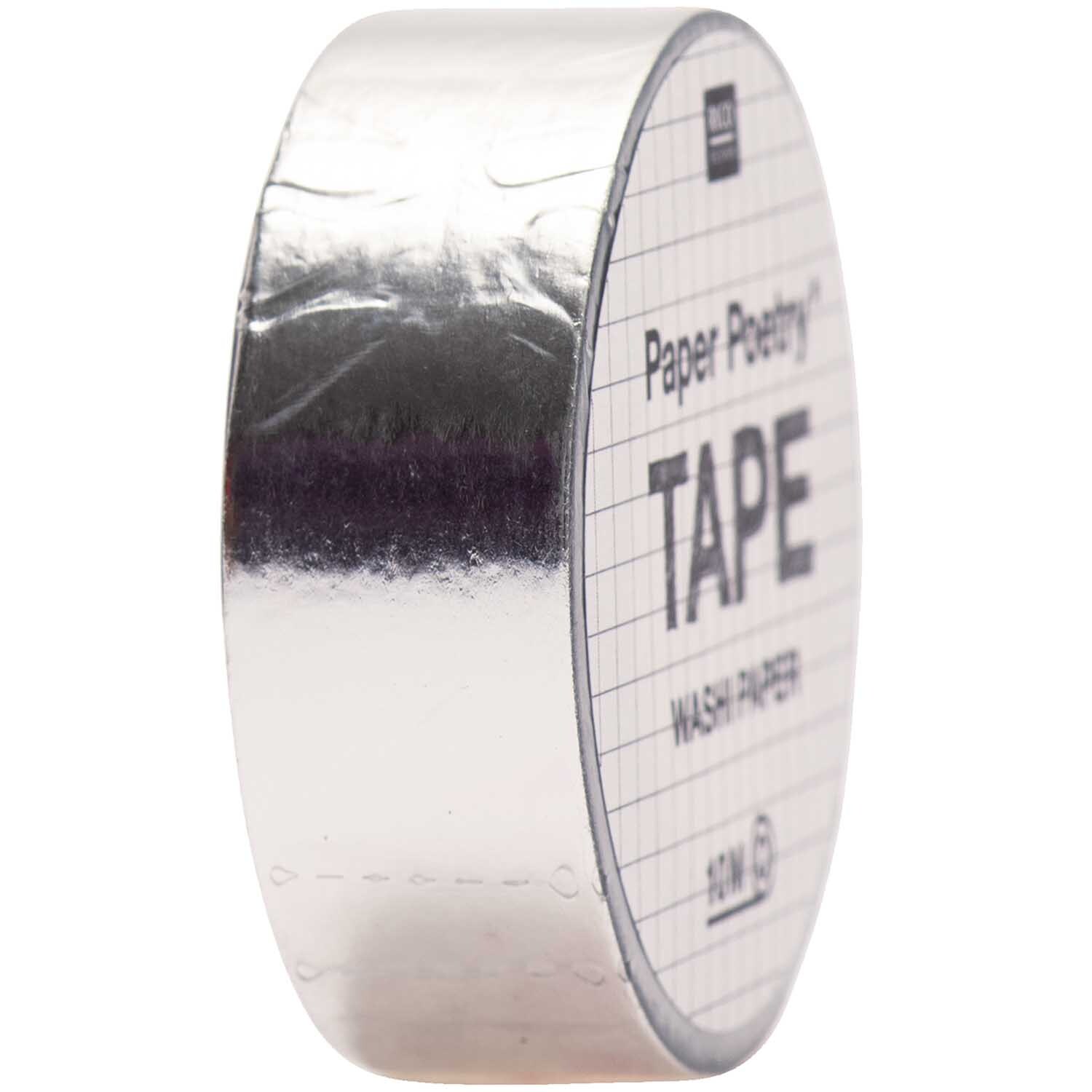 Paper Poetry Tape Metallic 15mm 10m, silberne Rolle von Rico Design, ideal für kreative Bastelprojekte.