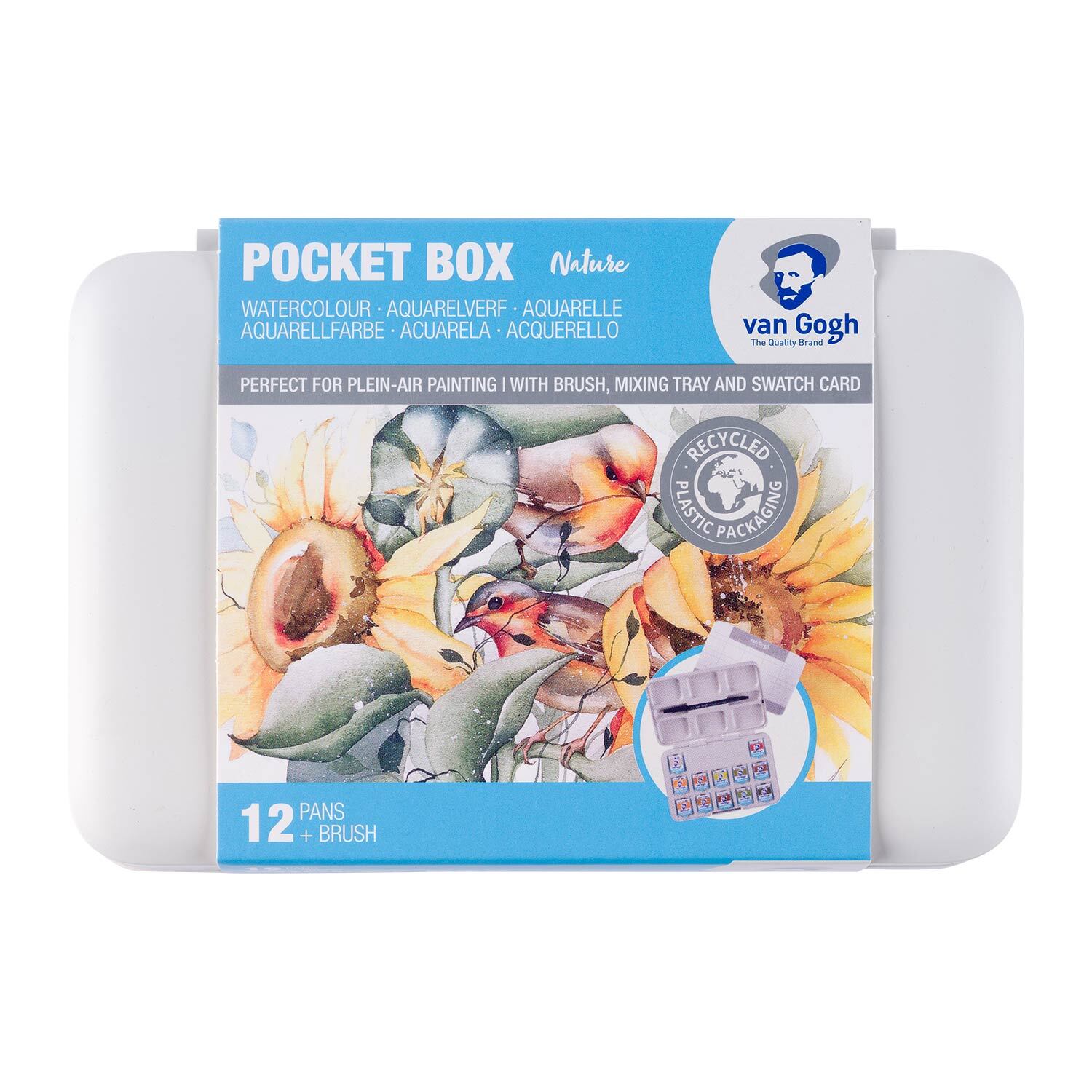 Aquarell Set Naturfarben 12 Näpfchen von van Gogh, ideal für Freiluftmalerei, mit Pinsel und Mischpalette.