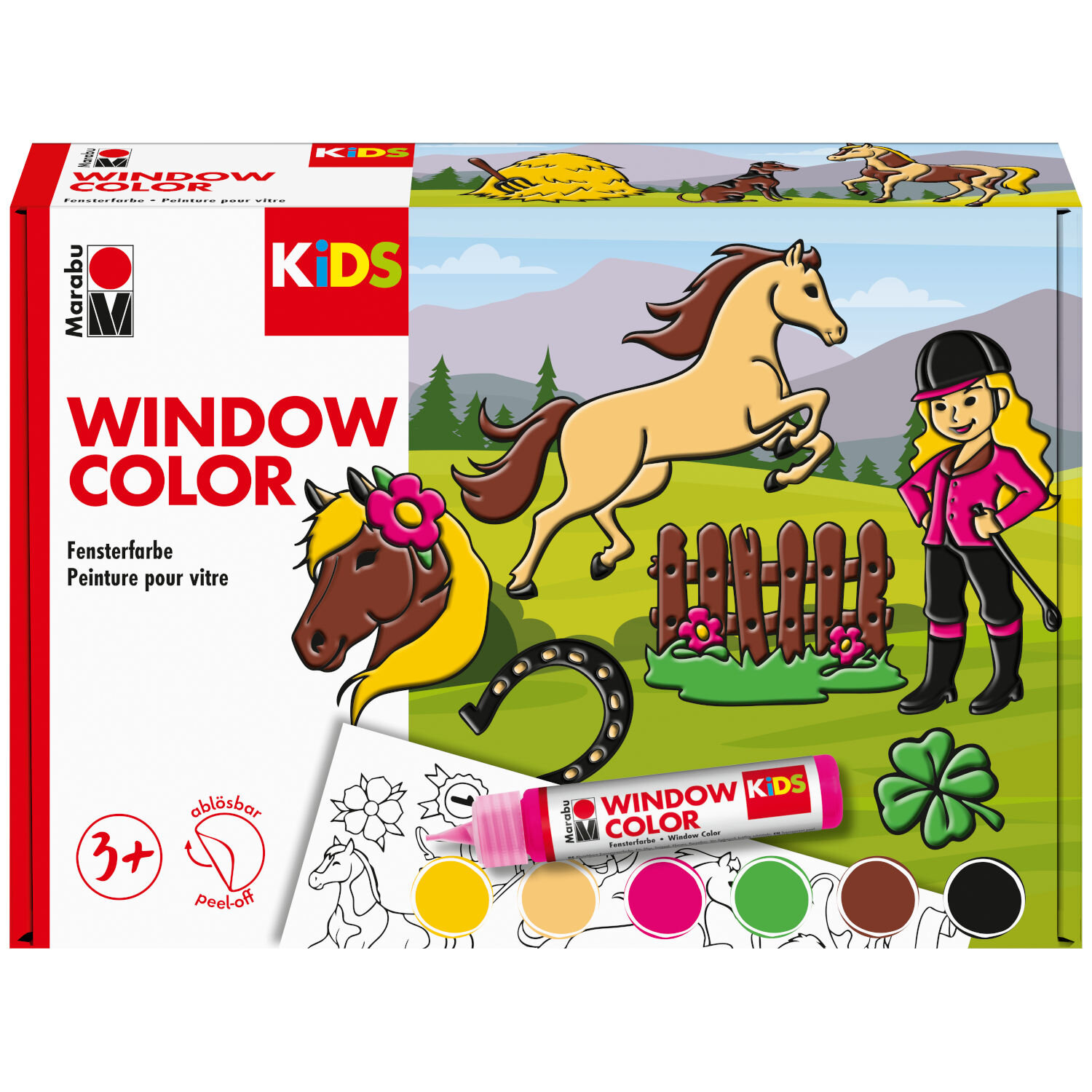 Kids Window Color Set Ponyhof, 6-teilig, Malset für Kinder mit bunter Marabu Fensterfarbe und Vorlagebogen mit Pferden, Zaun, Reiterin und Wiese