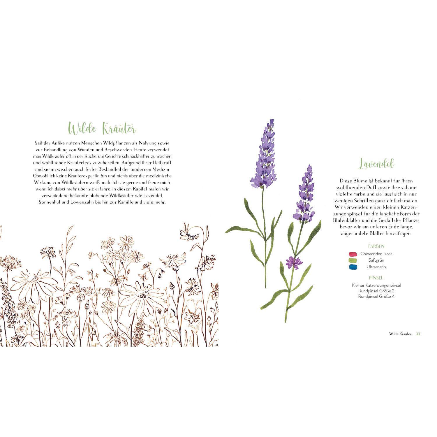 Wildflower Watercolor - Blumen Aquarelle malen: Lavendel-Illustration mit Text, lila Blüten, botanische Zeichnung, EMF Verlag.