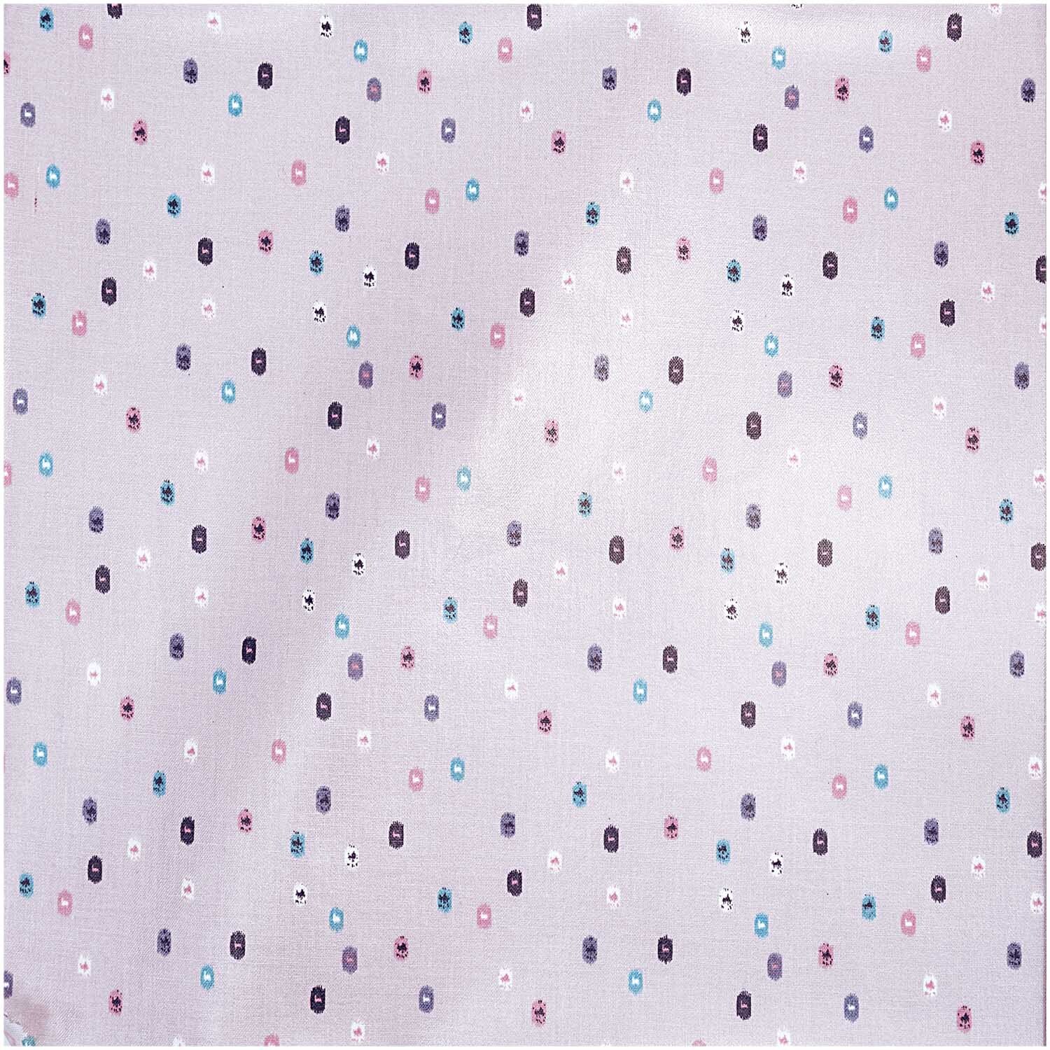 Druckstoff grafische Punkte flieder 140cm beschichtet von Rico Design zeigt bunte Punkte auf fliederfarbenem Hintergrund. Ideal für kreative Projekte.