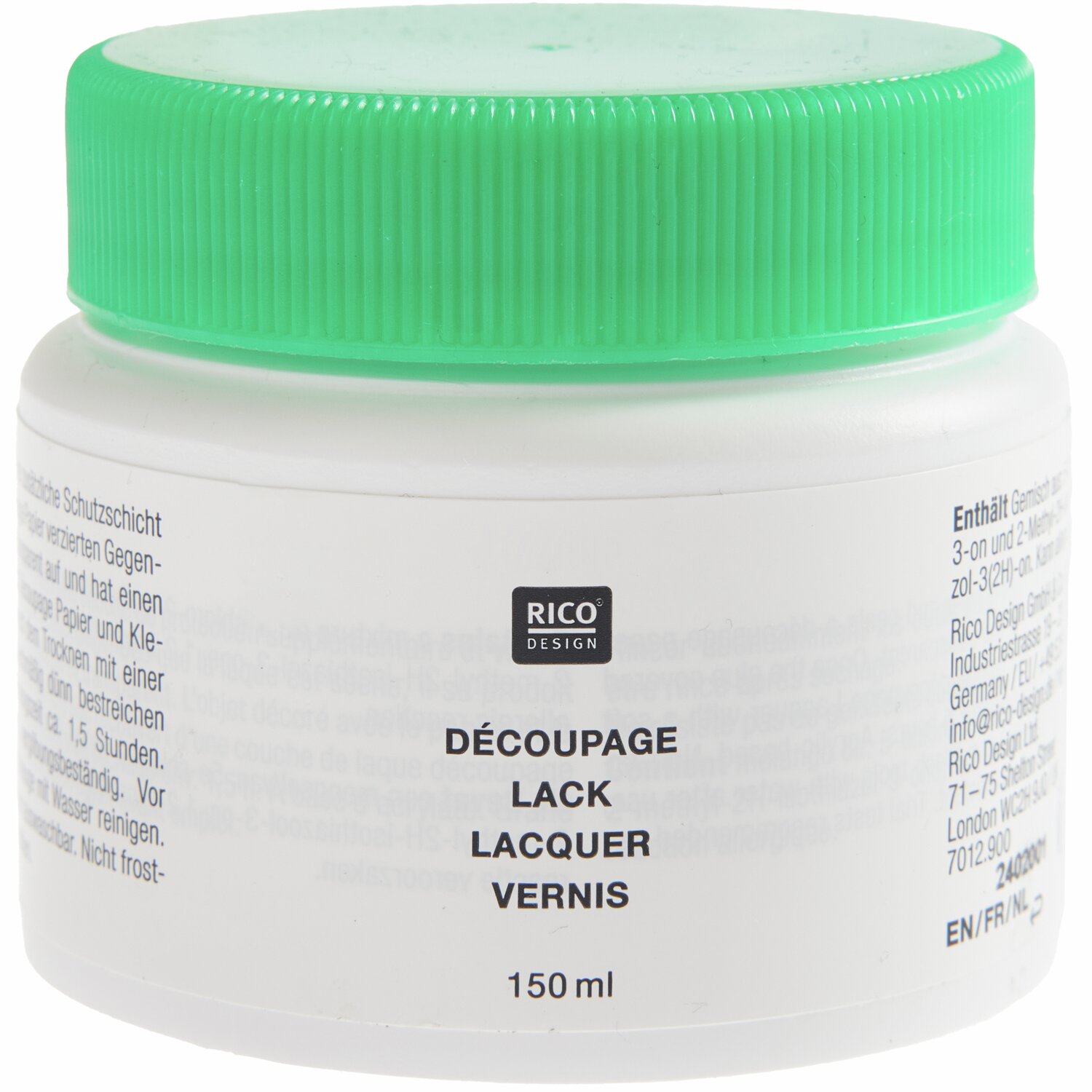 Lack 150ml, Rico Design: Weißer Behälter mit grünem Deckel, ideal für Decoupage-Projekte.
