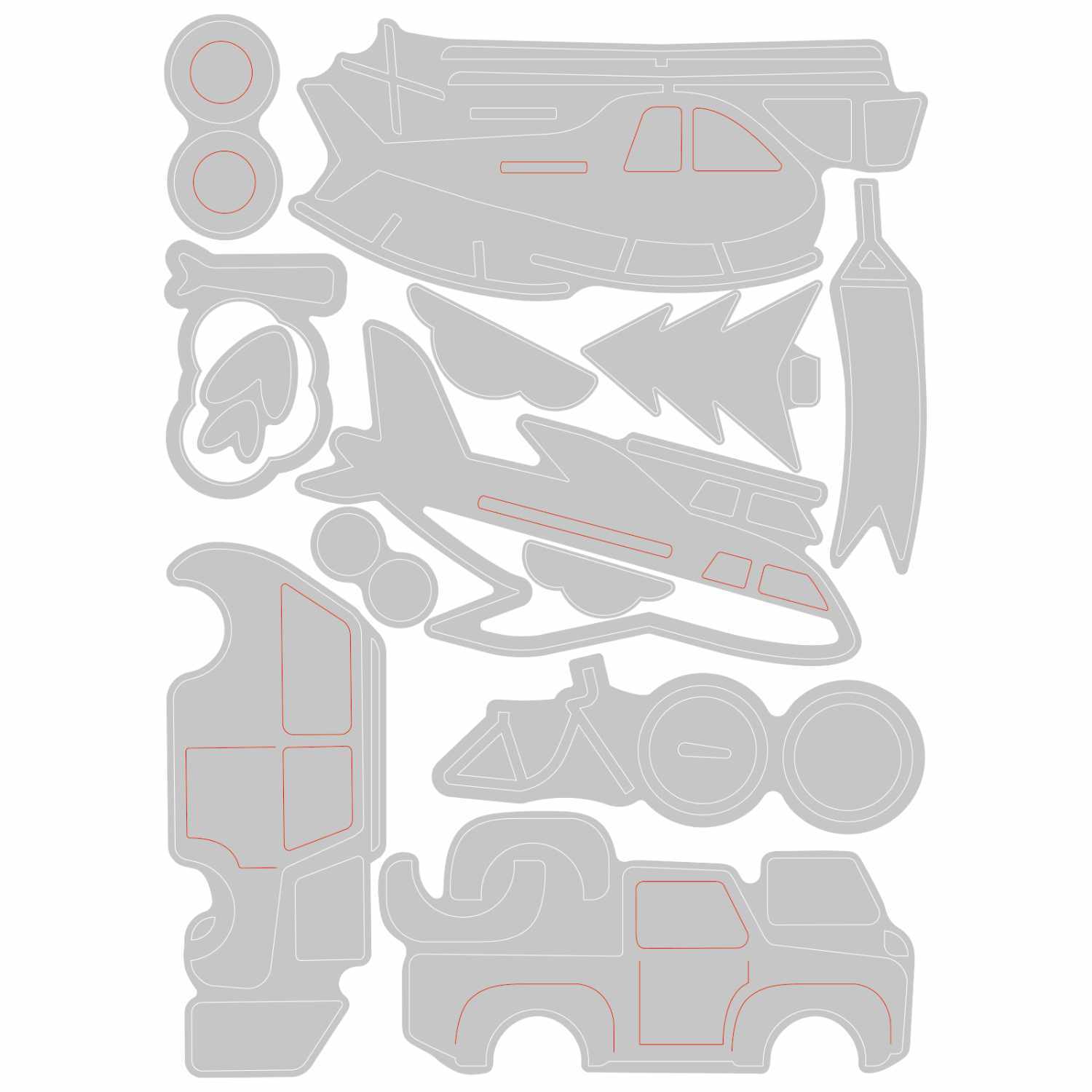 Thinlits Die Transport Collection zeigt graue Stanzformen für Fahrzeuge und Flugzeuge von Sizzix. Ideal für kreative Bastelprojekte.