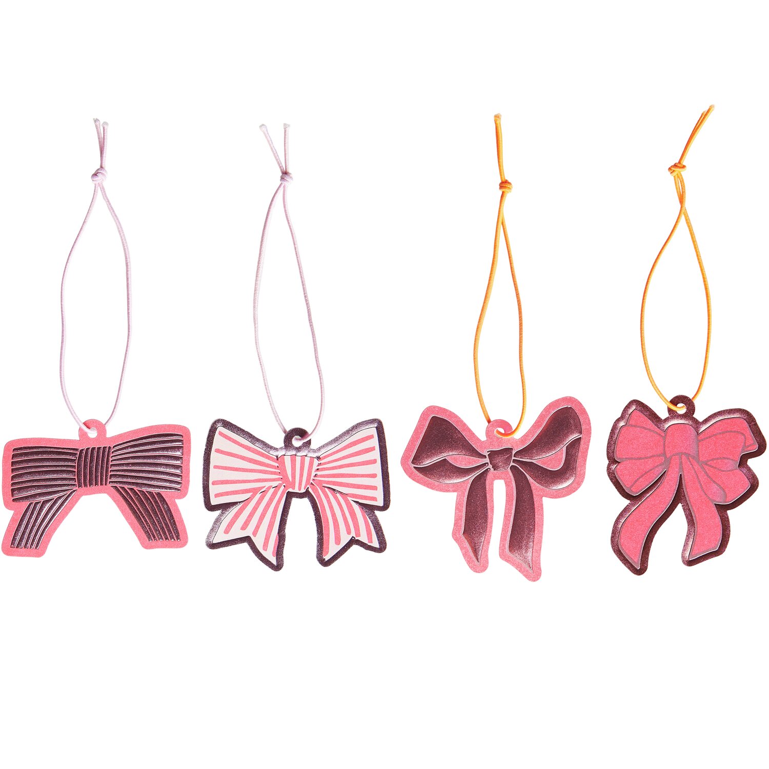 Paper Poetry Geschenkanhänger zeigen vier rosa Schleifen mit unterschiedlichen Designs an Schnüren. Ideal für kreative Geschenkverpackungen.