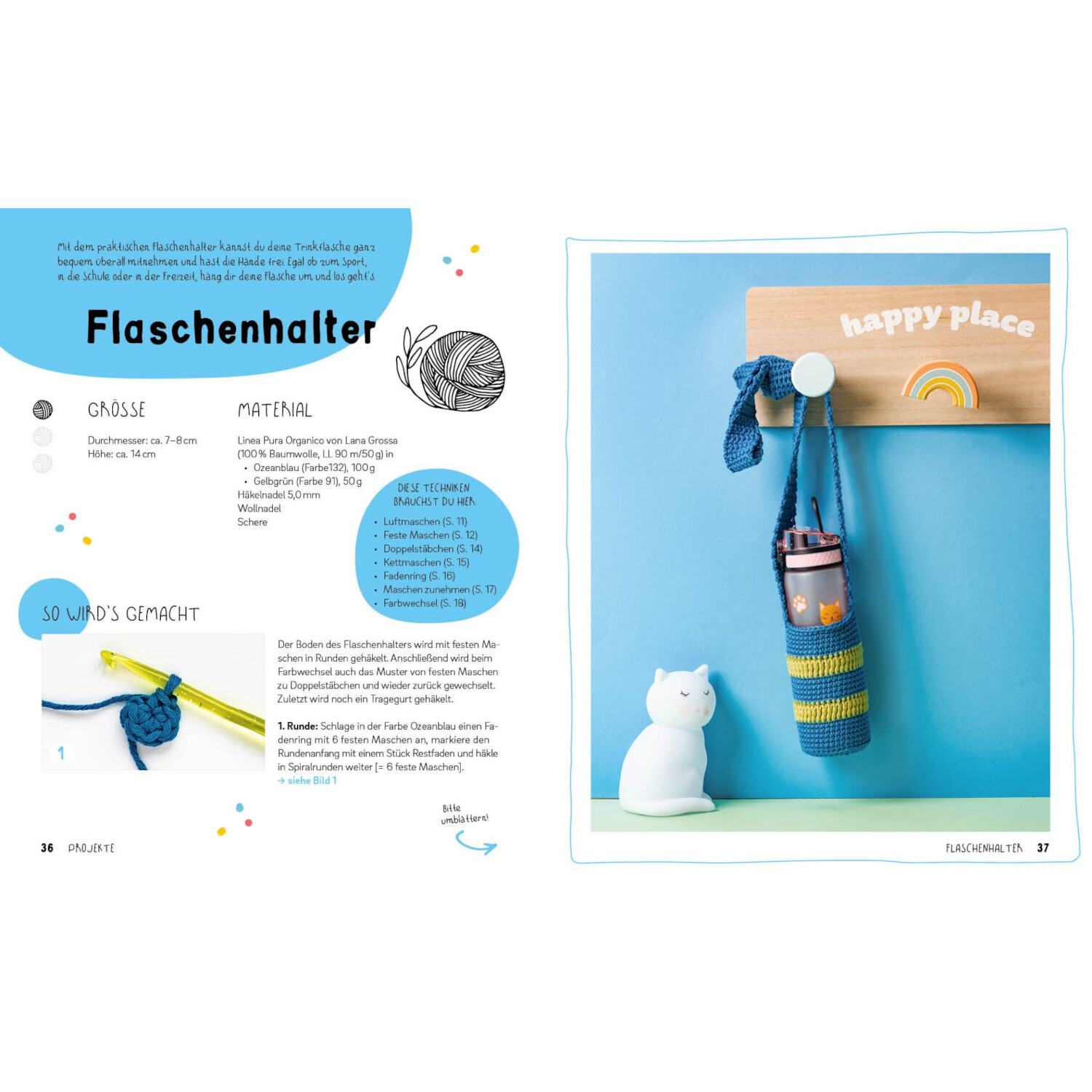 Häkeln - Super easy für Kids: Anleitung für blauen Flaschenhalter mit gelben Streifen, präsentiert auf hellem Hintergrund.