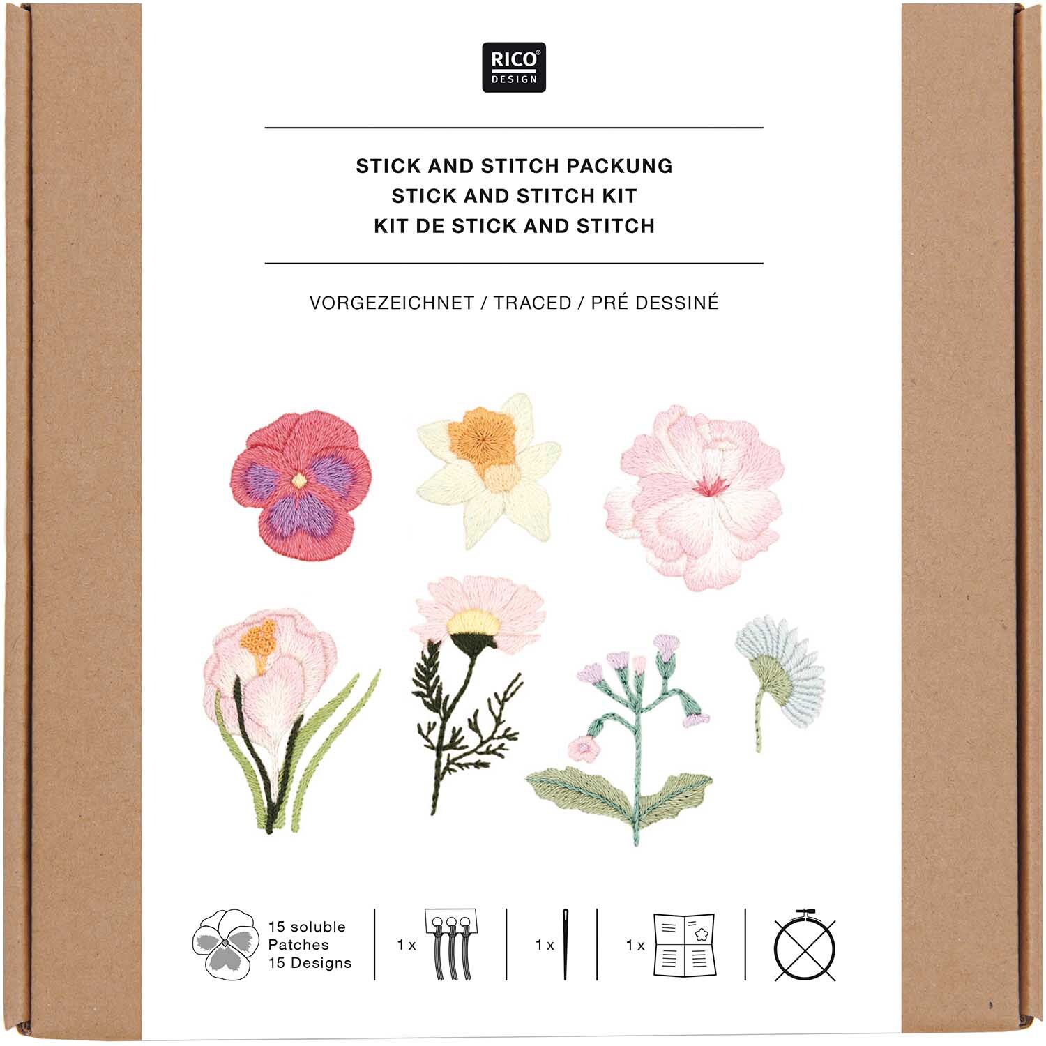 Stick and Stitch Stickpackung Frühlingsblumen vorgezeichnet 15 Stück von Rico Design