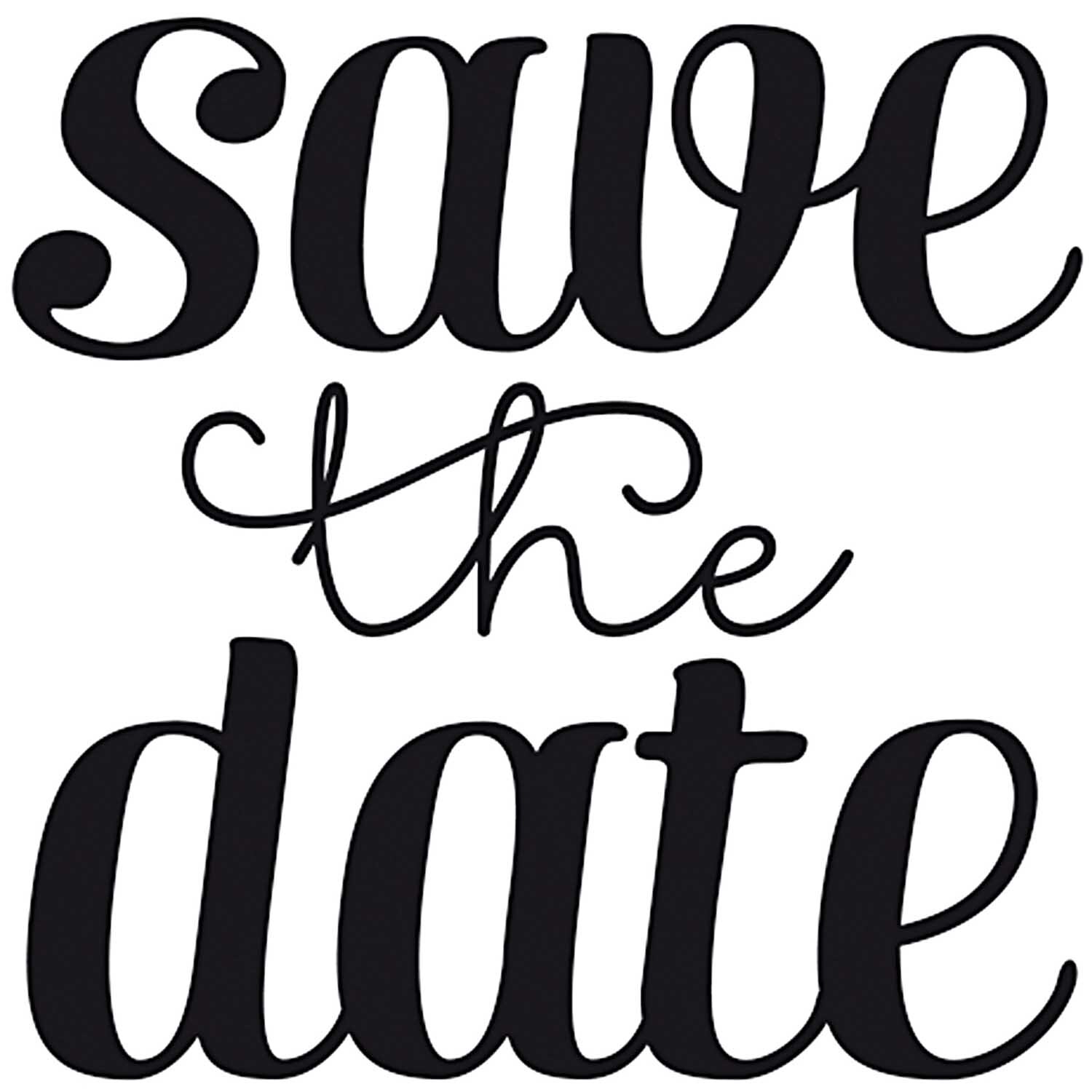 Stempel Save the Date 4x4cm von Rico Design zeigt stilvolle, geschwungene schwarze Schrift.