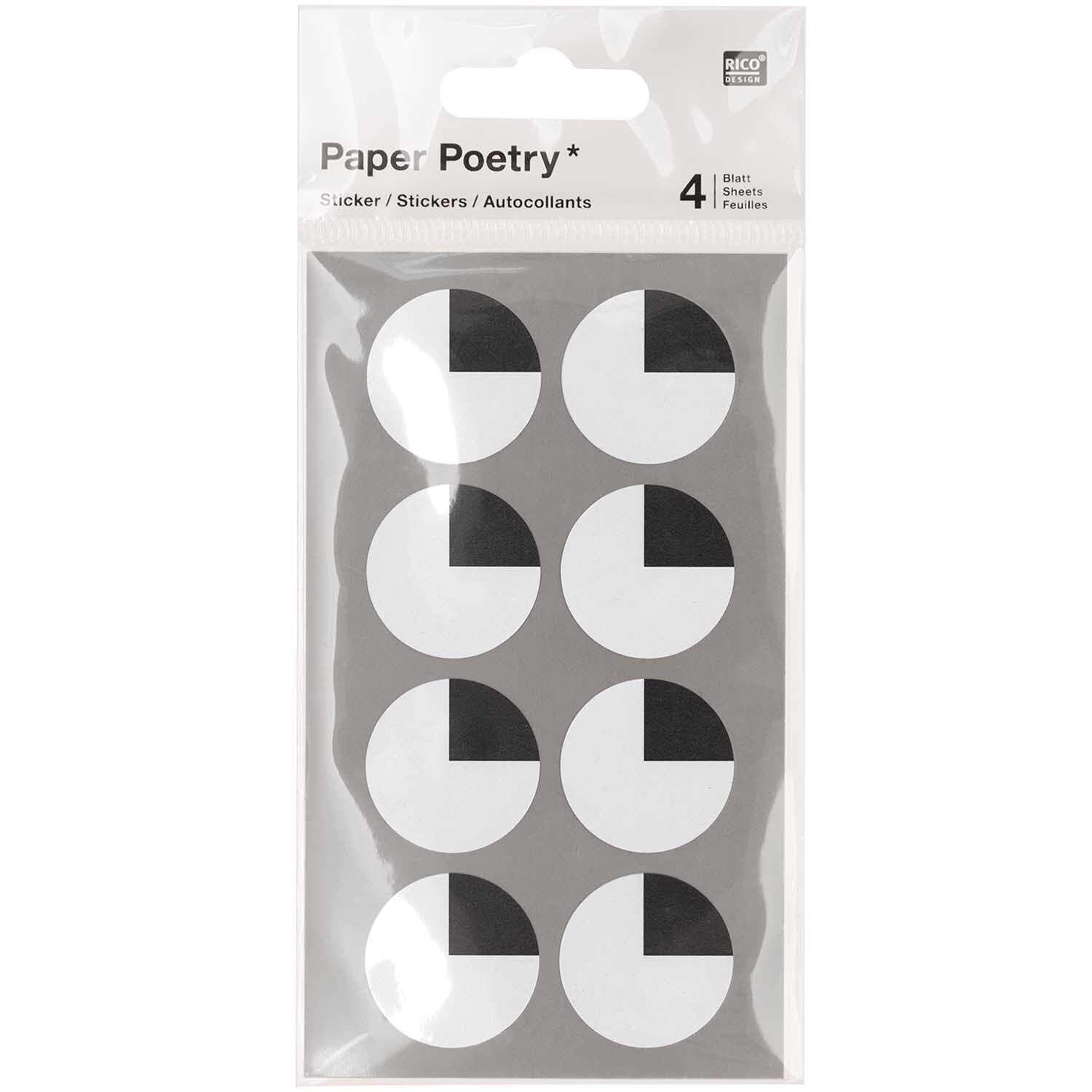 Paper Poetry Sticker Augen oben 4 Blatt von Rico Design, schwarz-weiße runde Sticker auf transparentem Hintergrund.