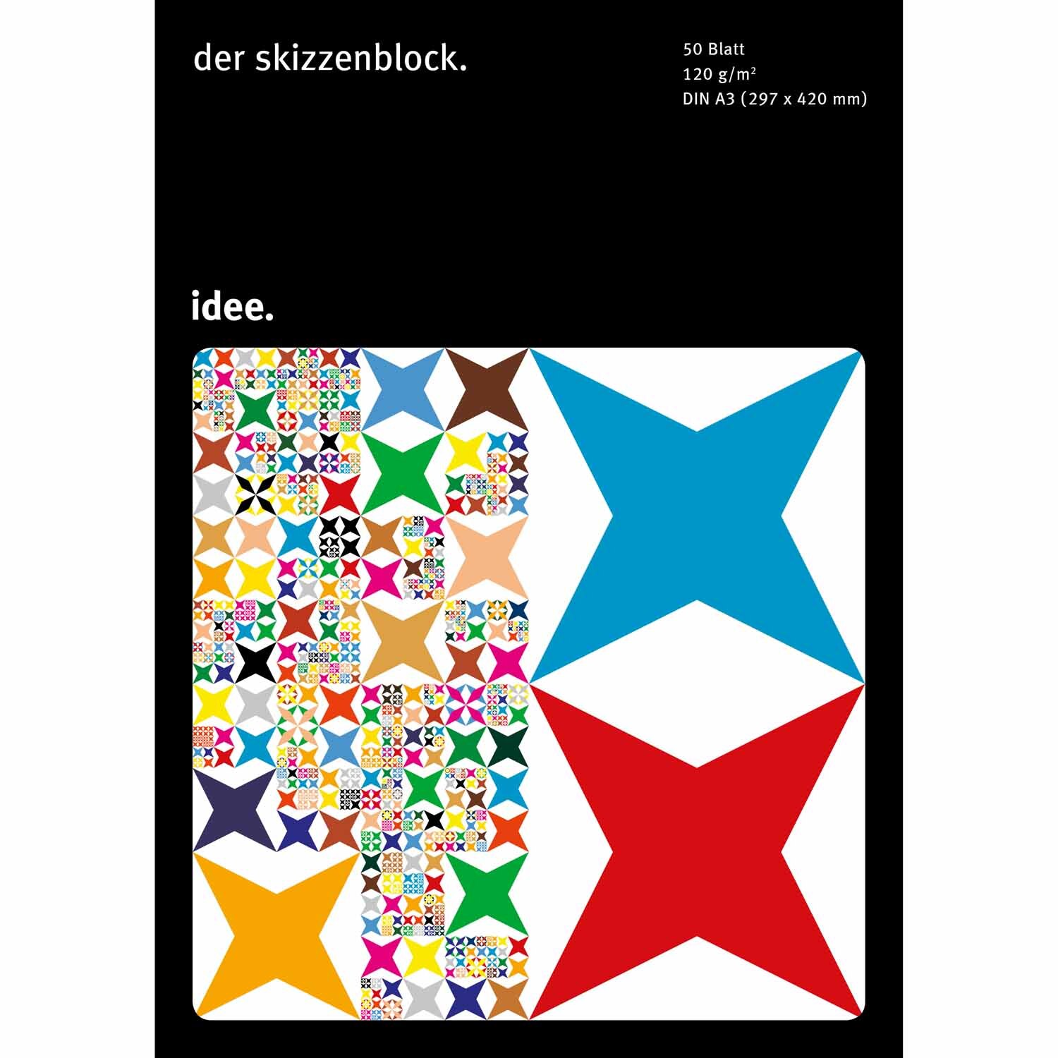 Skizzenblock 120g/m² 50 Blatt mit bunten geometrischen Mustern und großen Sternen auf dem Cover.