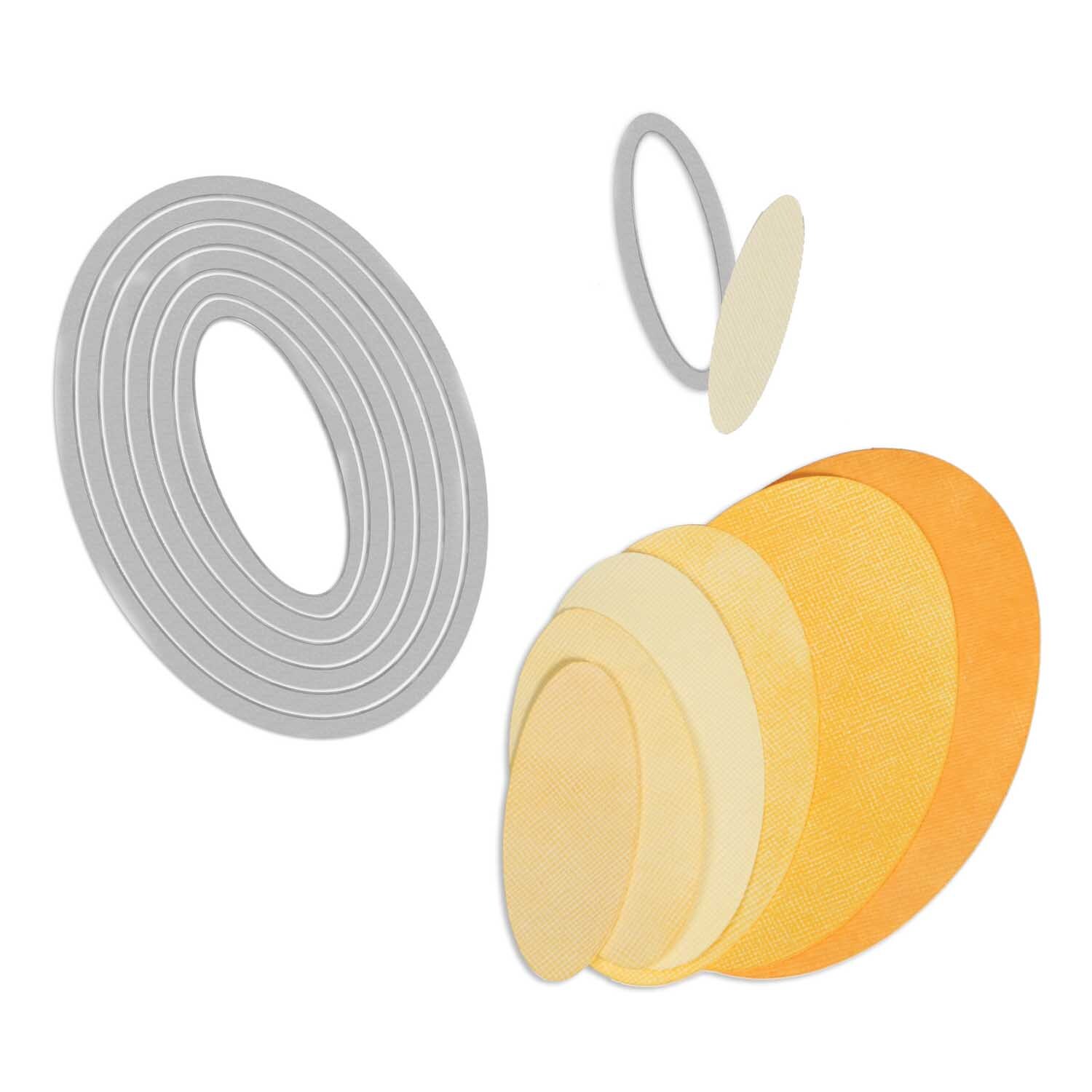Framelits Die Set Ovals von Sizzix zeigt ovale Stanzformen in verschiedenen Größen und Farben. Ideal für kreative Bastelprojekte.