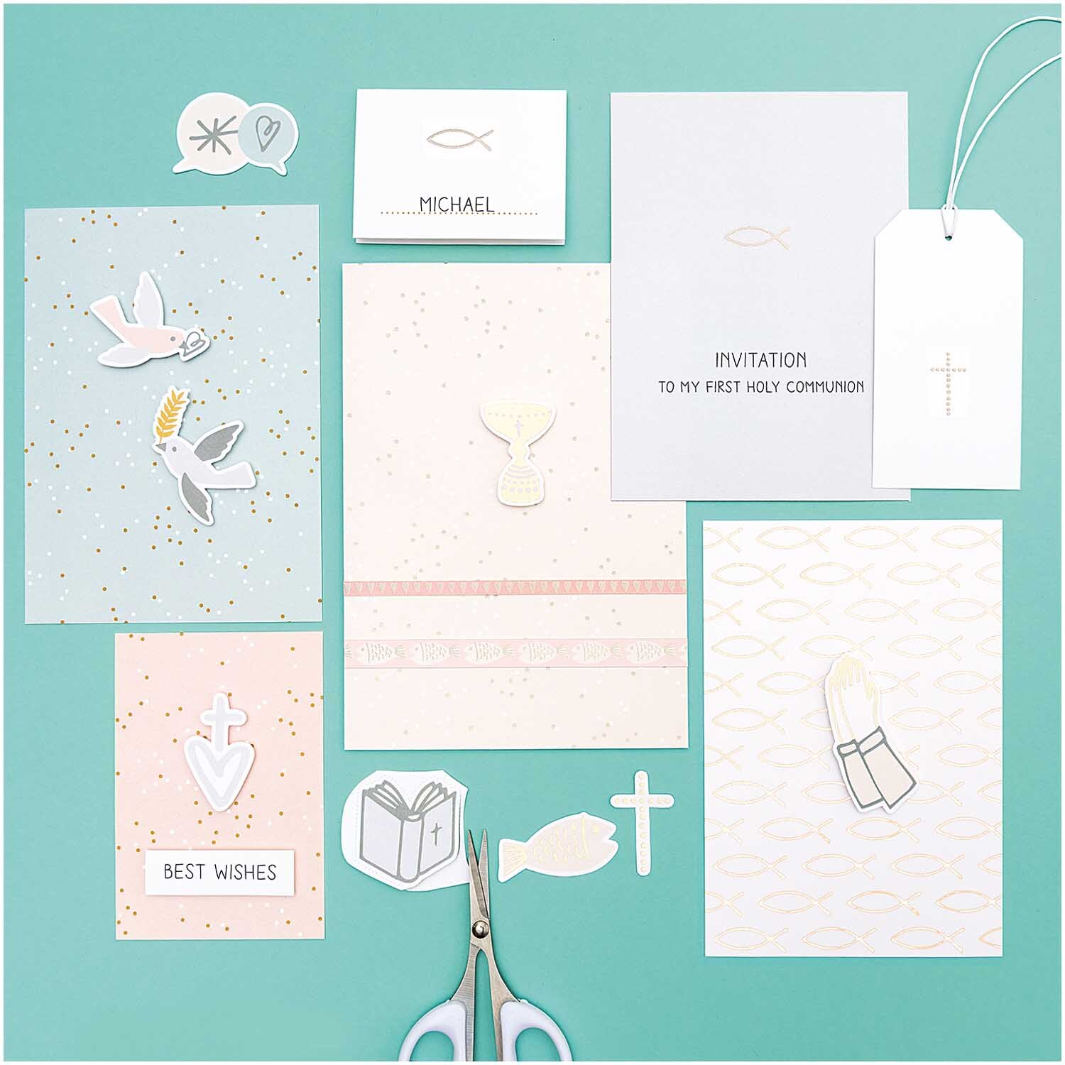Paper Poetry Sticker Kommunion und Konfirmation: Verschiedene religiöse Motive auf Karten und Etiketten. Ideal für festliche Anlässe.