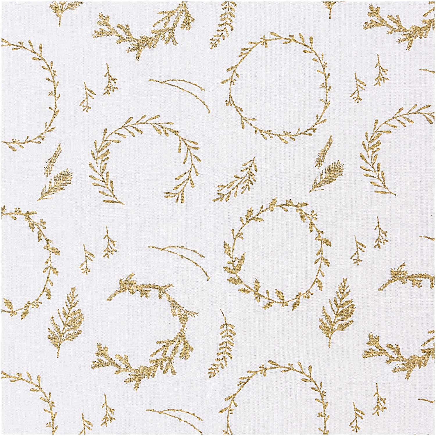 Druckstoff Nostalgic Christmas Kränze mit goldenen Kränzen und Zweigen auf weißem Hintergrund von Rico Design.