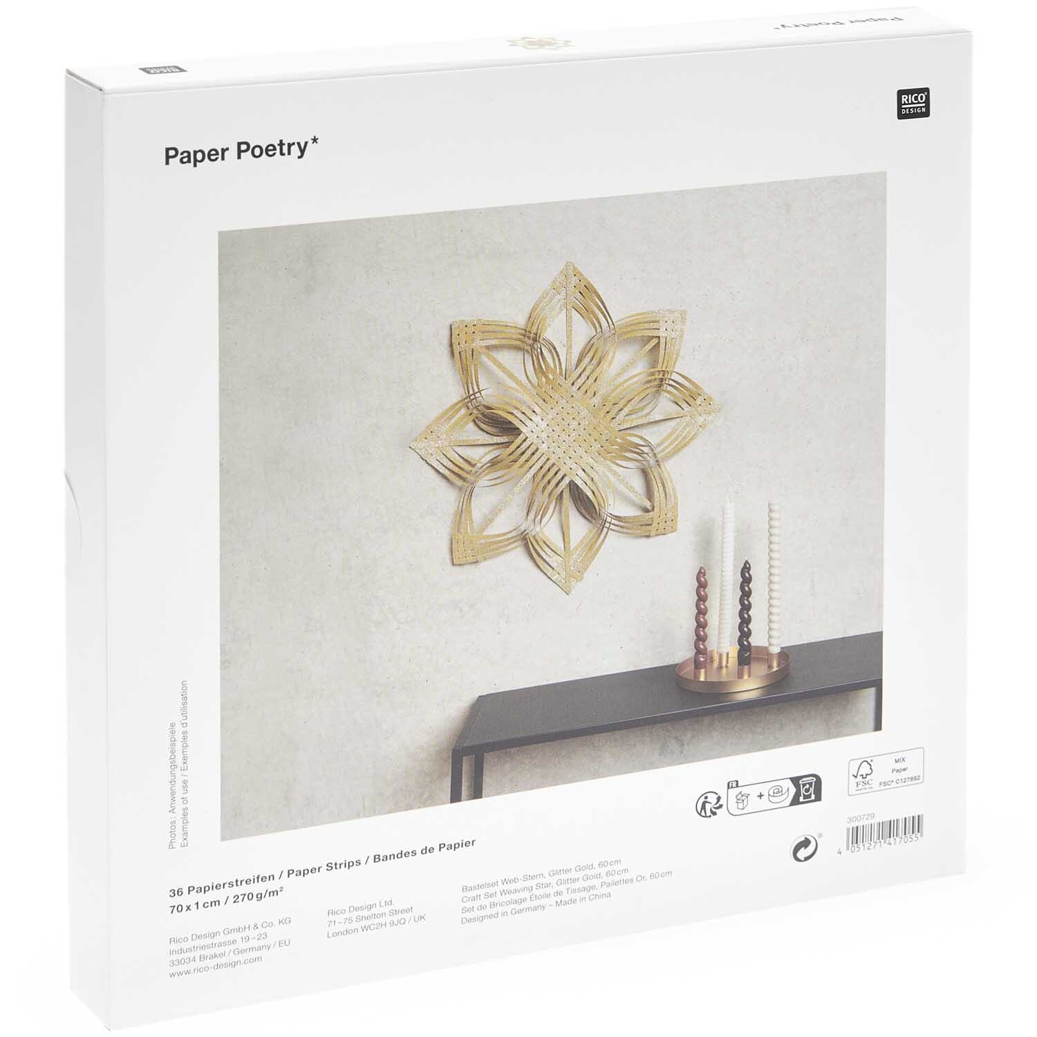 Paper Poetry Web-Stern Größe L 270g/m2 von Rico Design in Gold. Der Stern hängt an einer Wand über einem Regal.