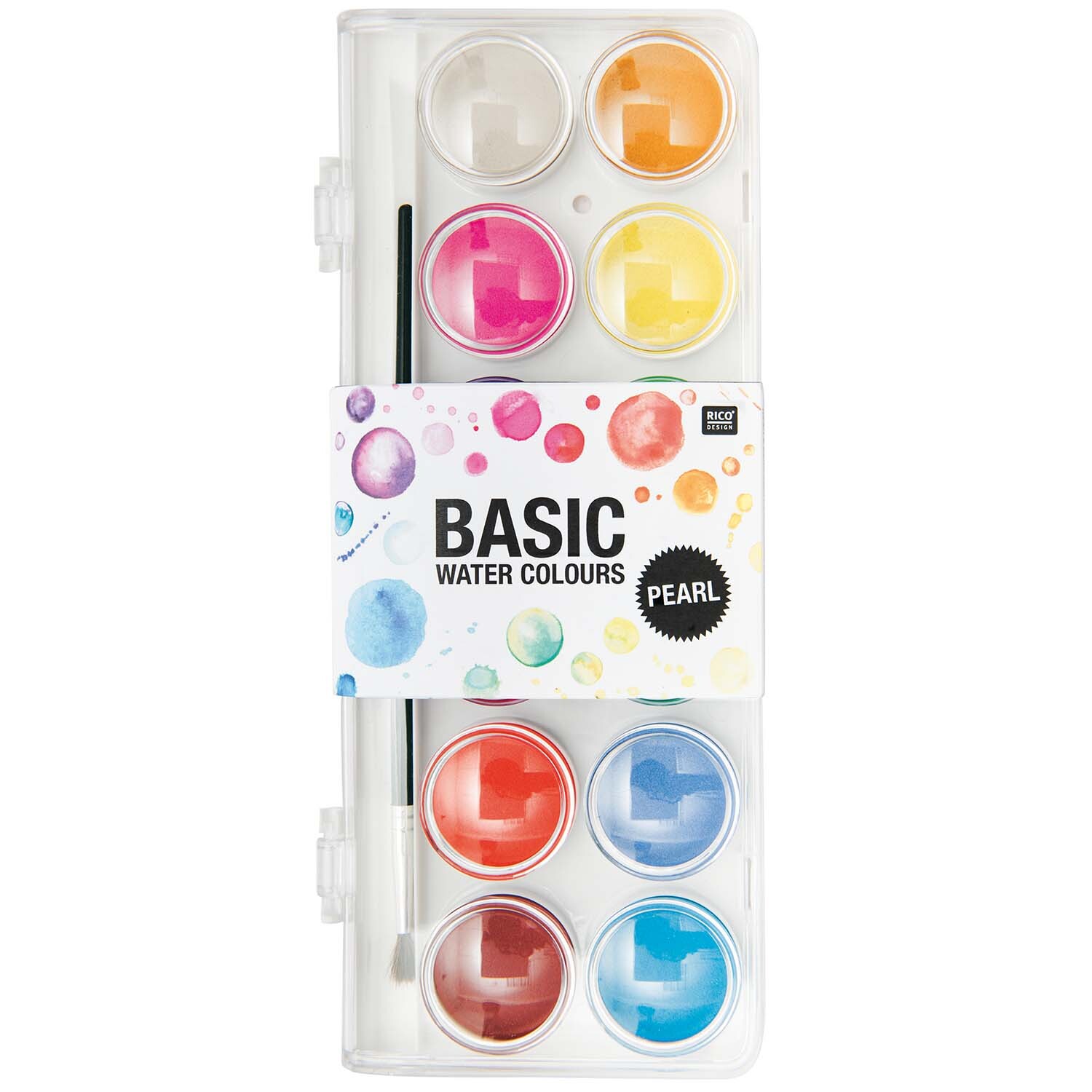 Basic Pearl Water Colours Wasserfarbkasten mit 12 leuchtenden Farben von Rico Design, inklusive Pinsel in transparenter Box.