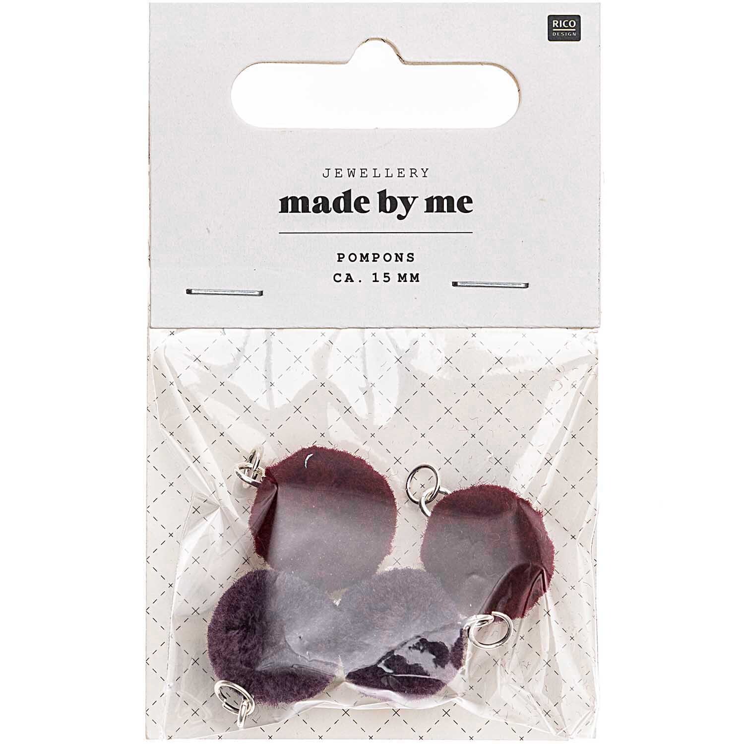 Mini-Pompons mit Öse 1,5cm 4 Stück in einer transparenten Verpackung von Rico Design. Ideal für kreative Bastelprojekte.