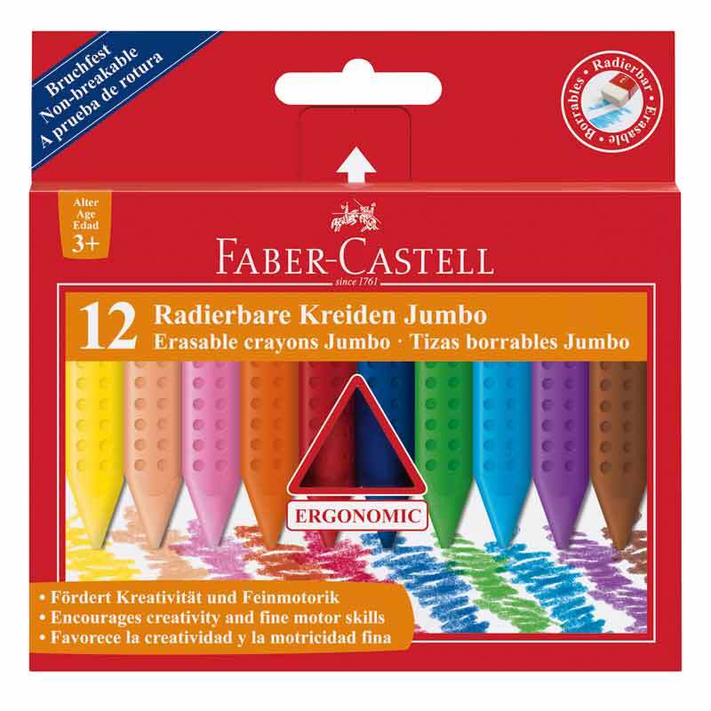 Grip radierbare Kreide Jumbo von Faber Castell, 12-teilig, zeigt bunte Kreiden in einer roten Verpackung.