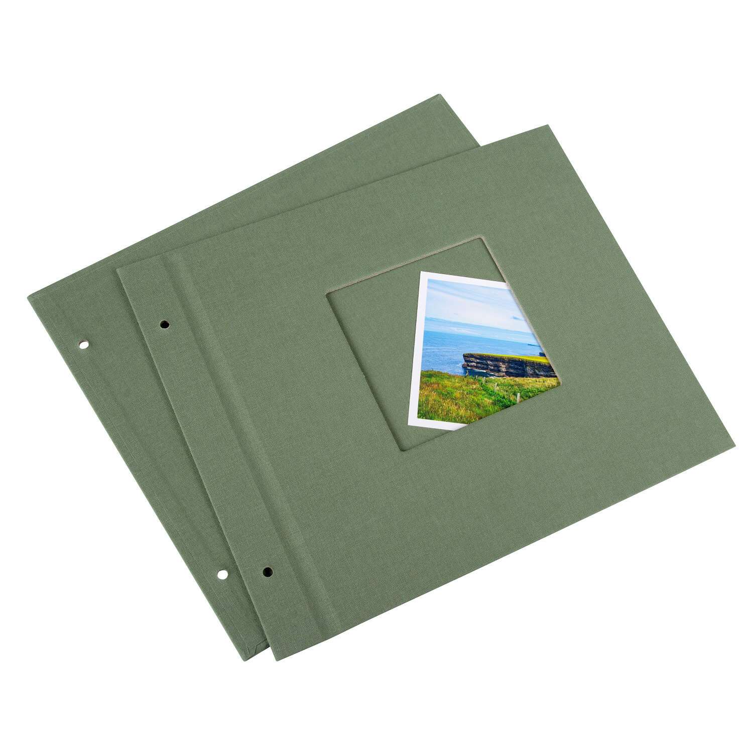 Schraubalbeneinband mit Sichtfenster Leinen, 30x25cm, zeigt grünes Album mit Fotoeinschub. Ideal für Erinnerungen. Marke: goldbuch.