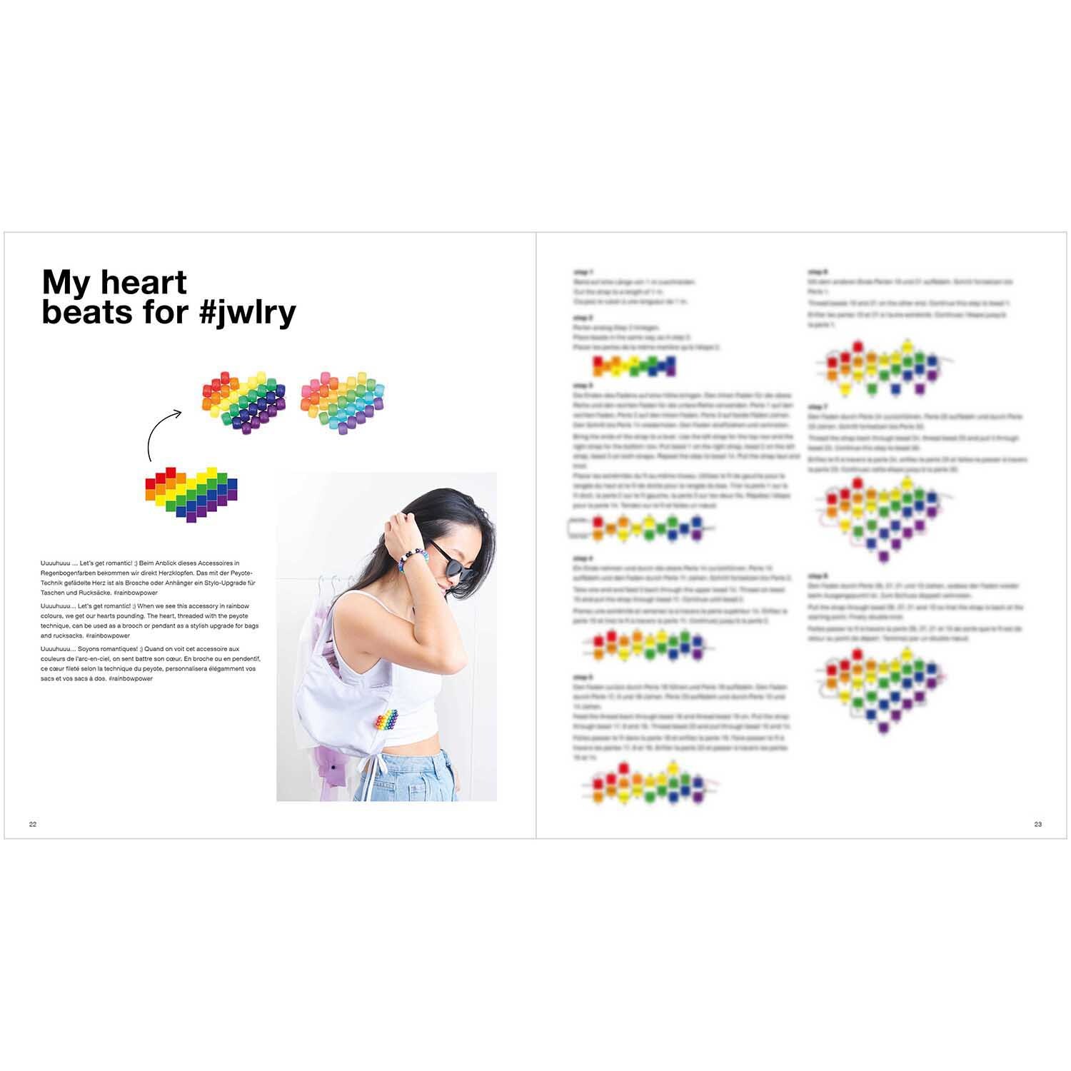 Heft itoshii -Ponii Beads: Frau mit weißem Top und bunter Perlenkette, inspiriert von Rico Design.