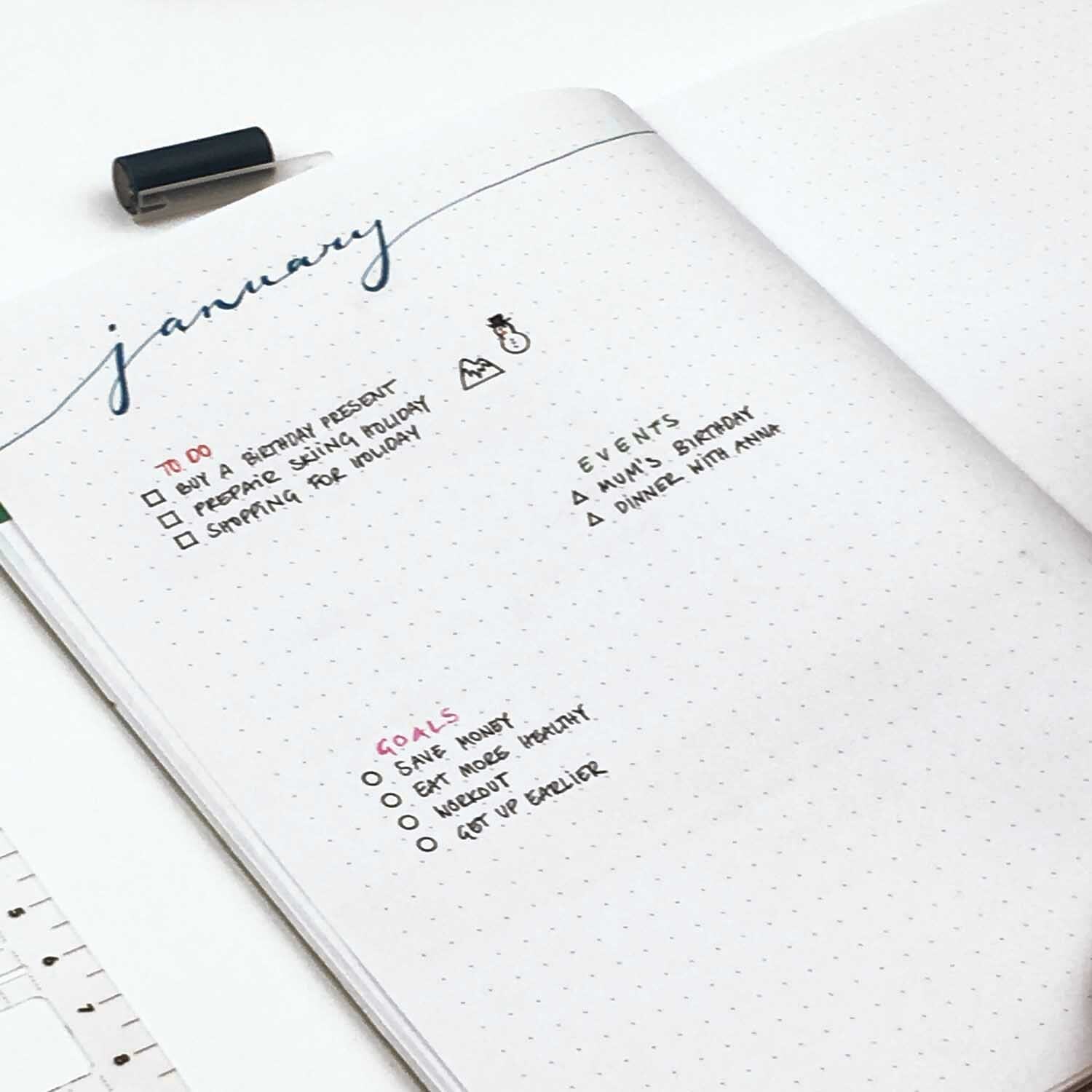 DIY Set Bullet Journal von Rico Design mit offenem Notizbuch, To-Do-Listen und Zielen. Ideal für kreative Planung und Organisation.