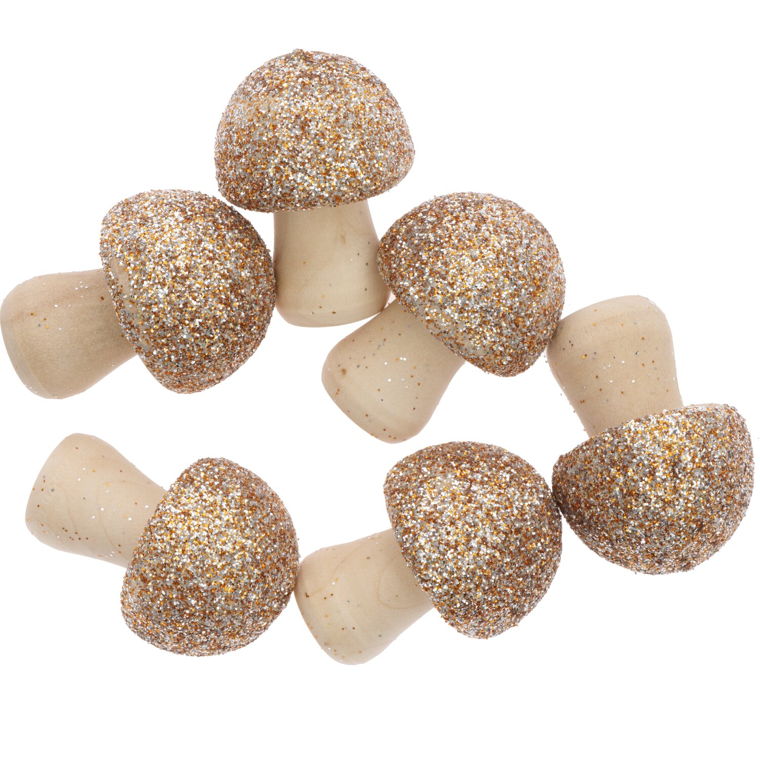 3D-Holzstreu Pilz mit Glitter gold, 30x23mm, 6 Stück. Glitzernde Deko-Pilze von Rico Design.