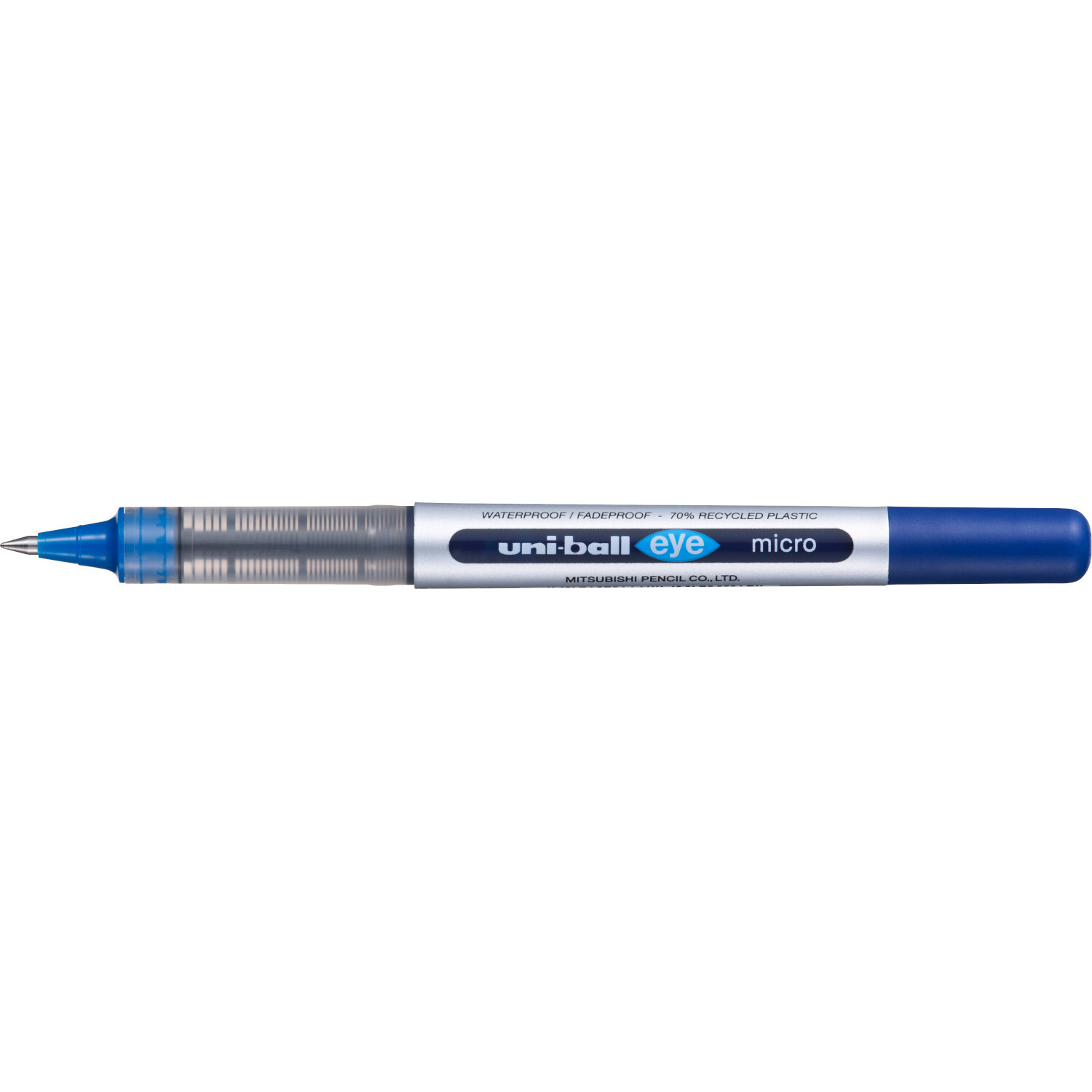 Tintenroller uni-ball Eye UB-150E mit blauer Kappe und 0,3mm Spitze, ideal für präzises Schreiben.
