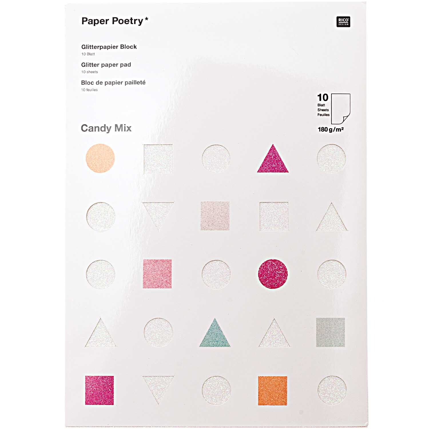 Paper Poetry Glitterpapierblock Candy Mix DIN A4 mit geometrischen Formen in verschiedenen Farben auf weißem Hintergrund, 10 Blatt.