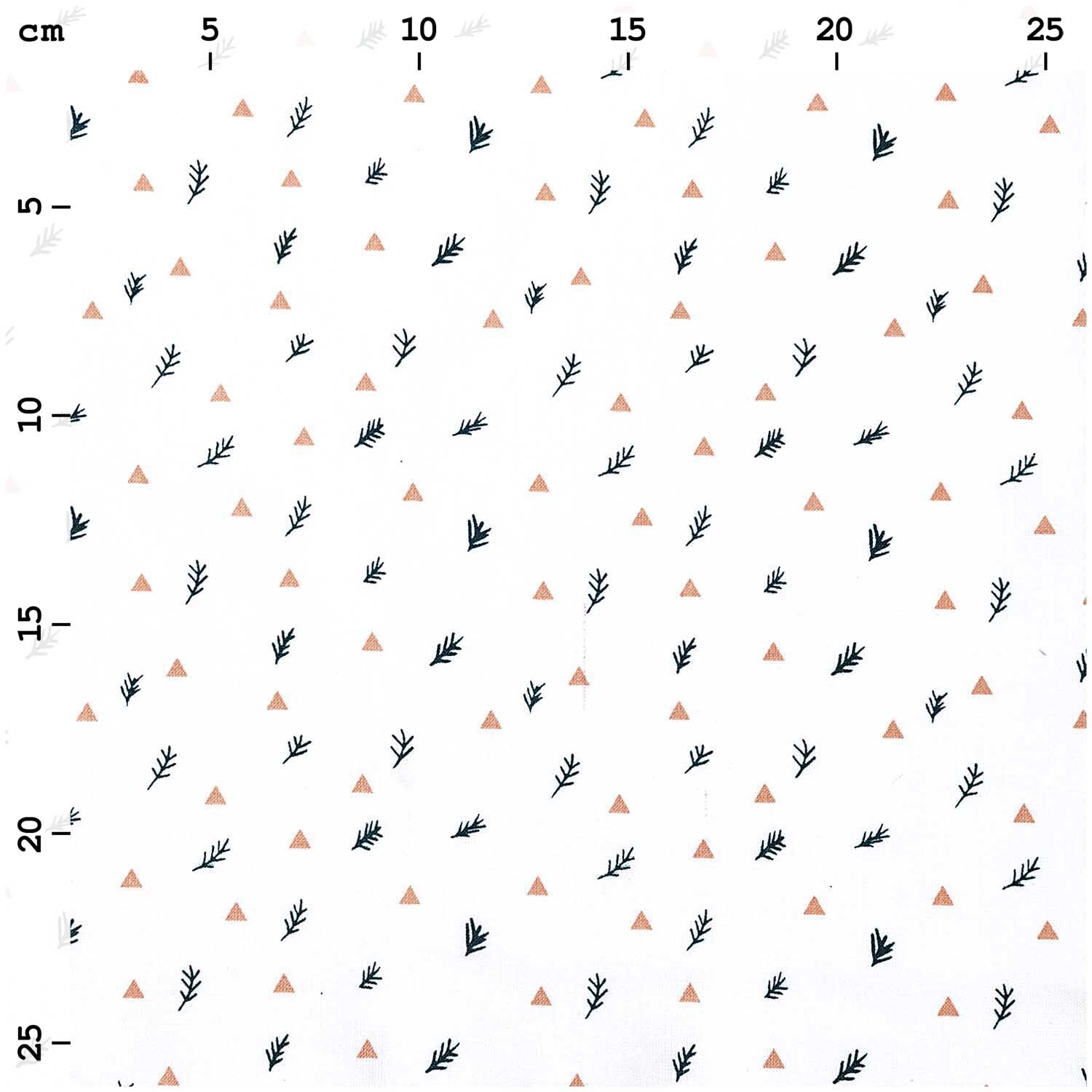 Druckstoff Zweige weiß 50x140cm mit zarten Zweigen und Dreiecken auf weißem Hintergrund von Rico Design.