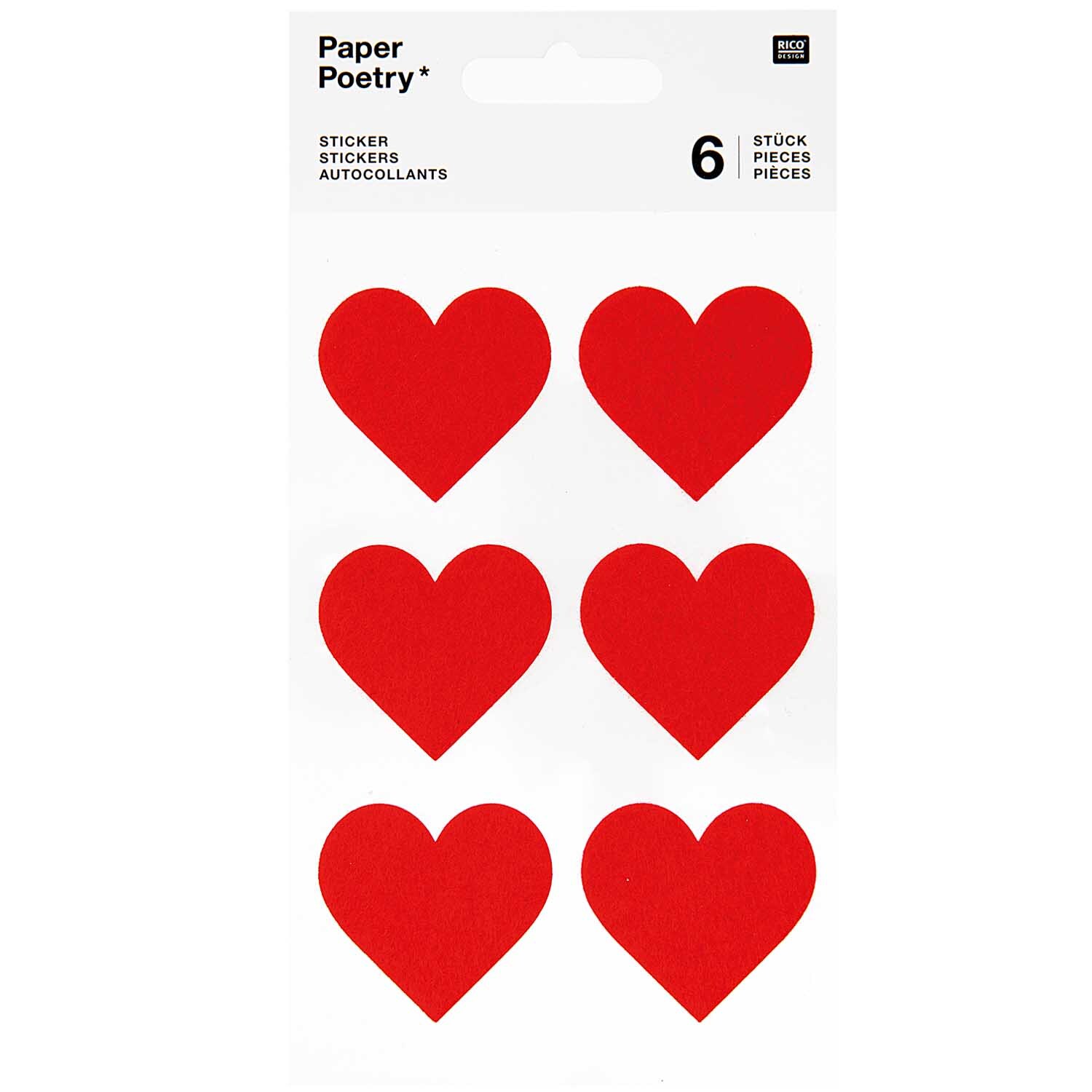Paper Poetry Filzsticker Herzen groß: Sechs rote Herzsticker von Rico Design auf weißem Hintergrund.